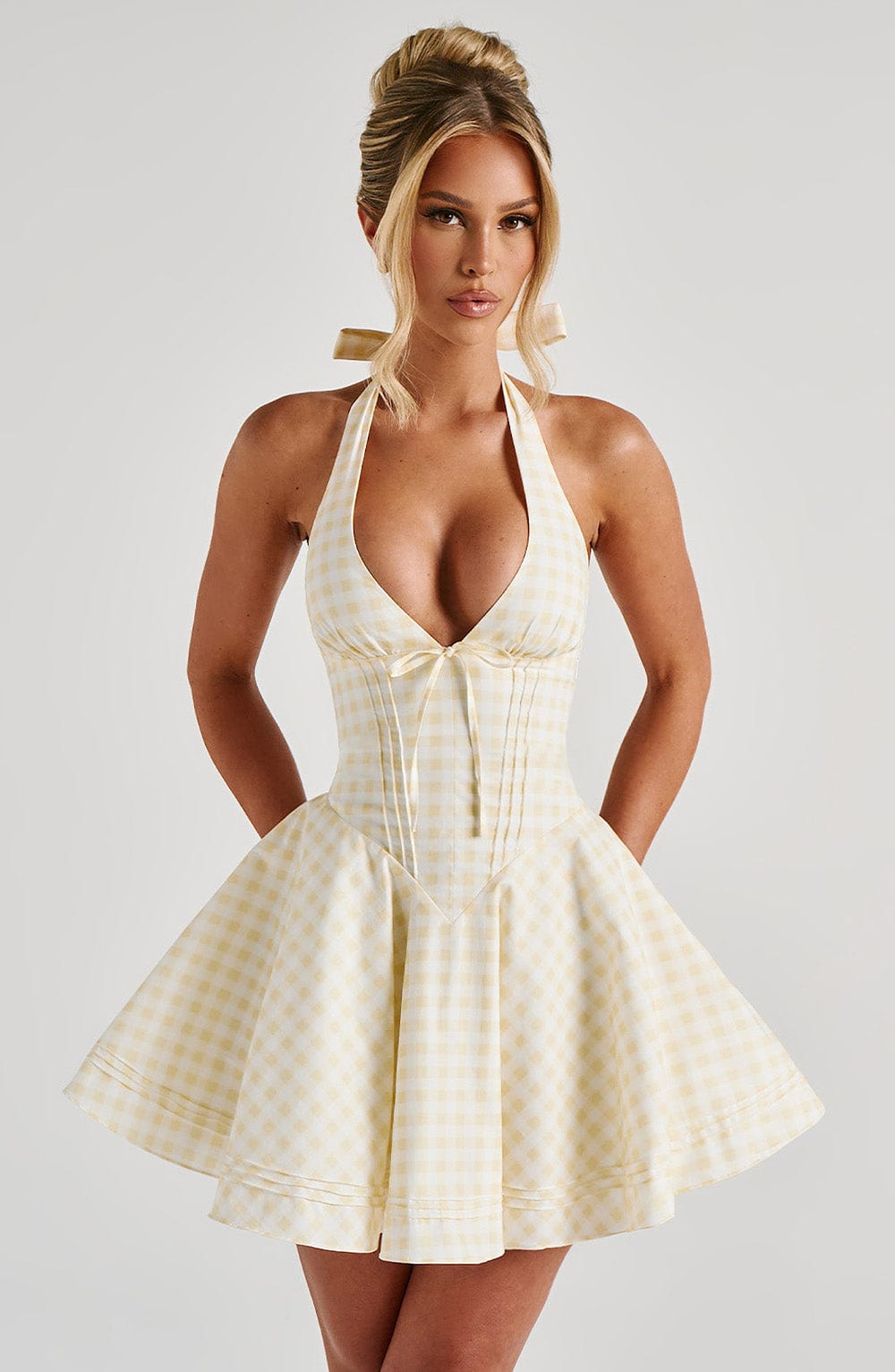 Doris Mini Elbise - Limonlu Ekose