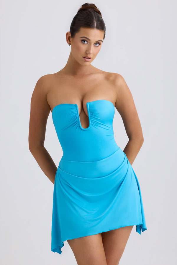 Slinky Jersey Drapeli A Kesim Mini Elbise Su Mavisi