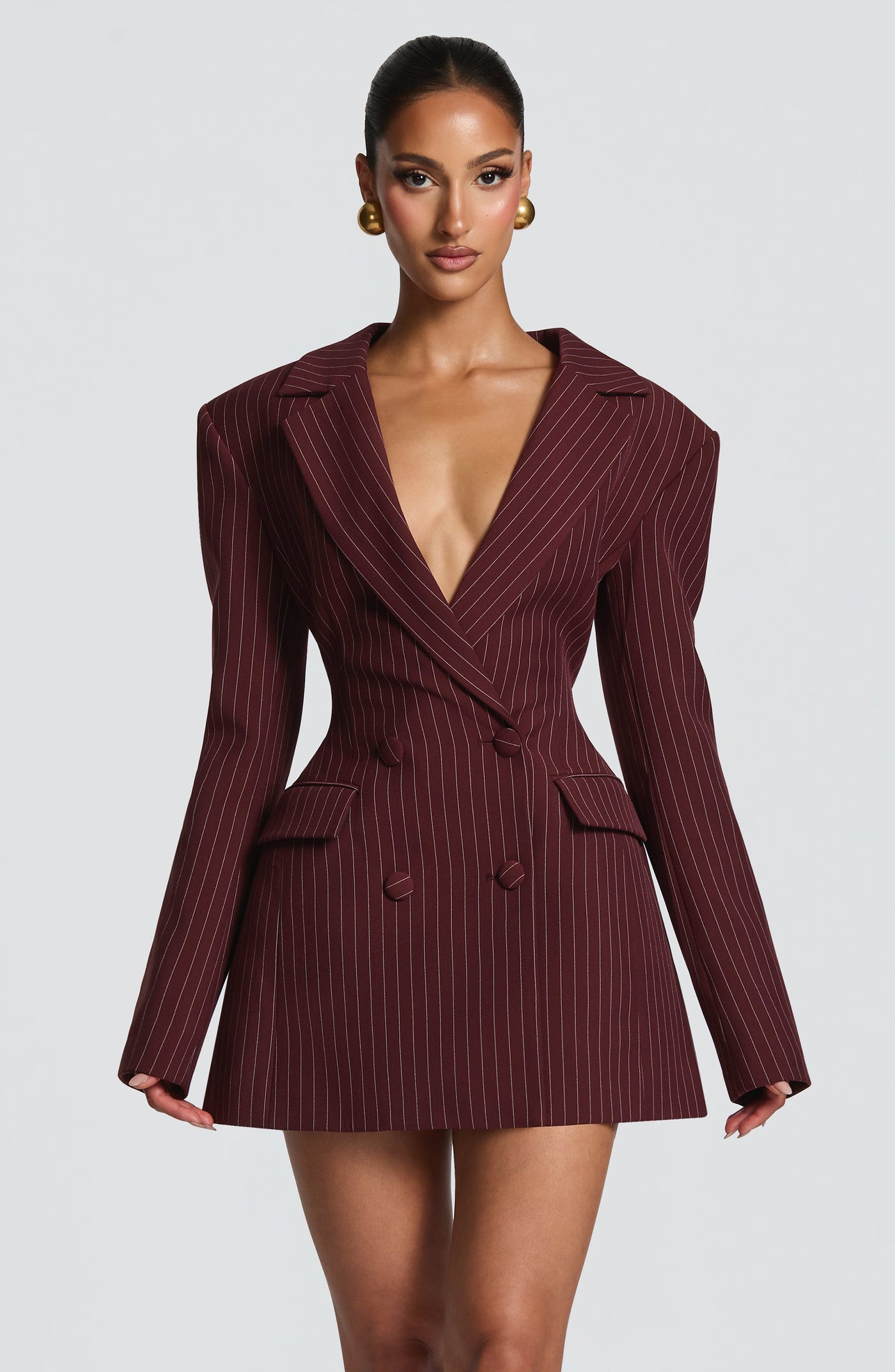 Elvira Mini Elbise - Bordo Çizgili