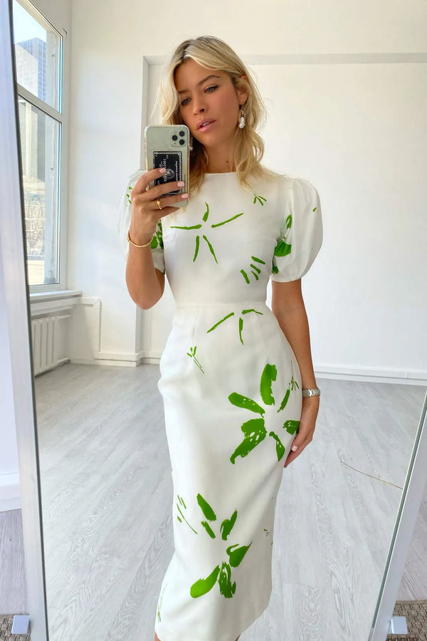 Hacimli Kollu Soyut Desenli Midi Elbise