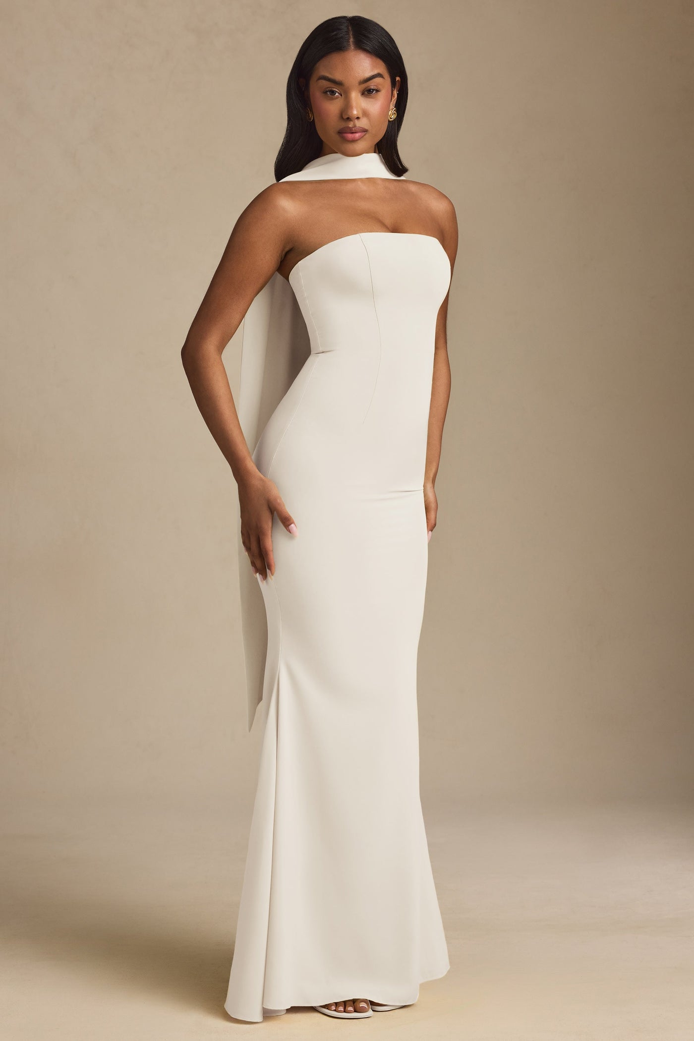 Fildişi Rengi, Şal Detaylı, Askısız Elbise