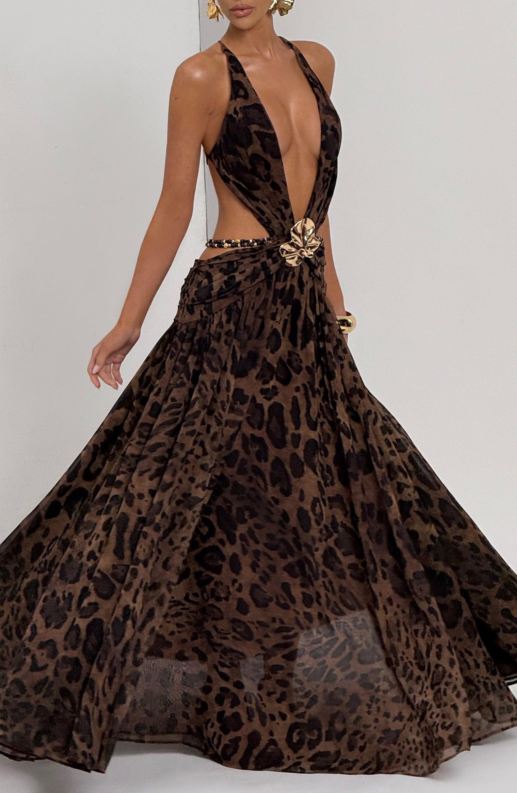 Indianna Maxi Elbise - Leopar Desenli