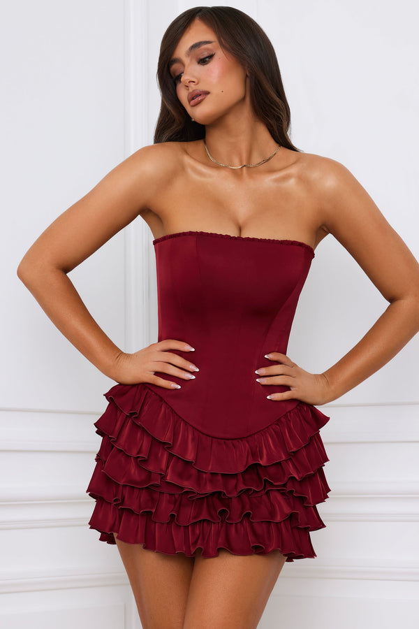 Berry Red Bandeau Fırfırlı Katmanlı Korse Mini Elbise