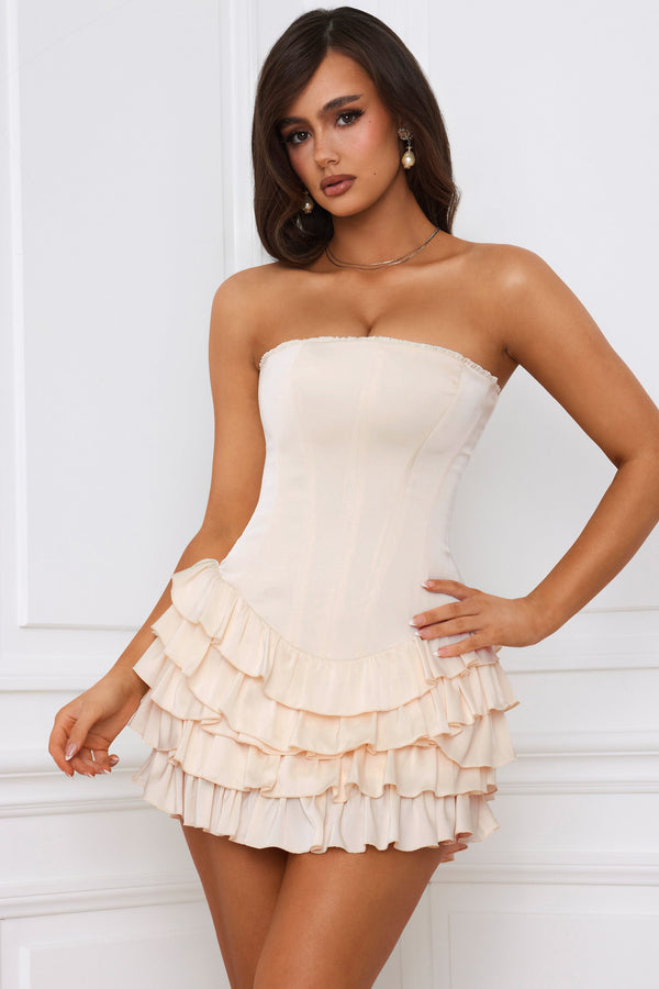 Fildişi Rengi Bandeau Fırfırlı Katmanlı Korse Mini Elbise