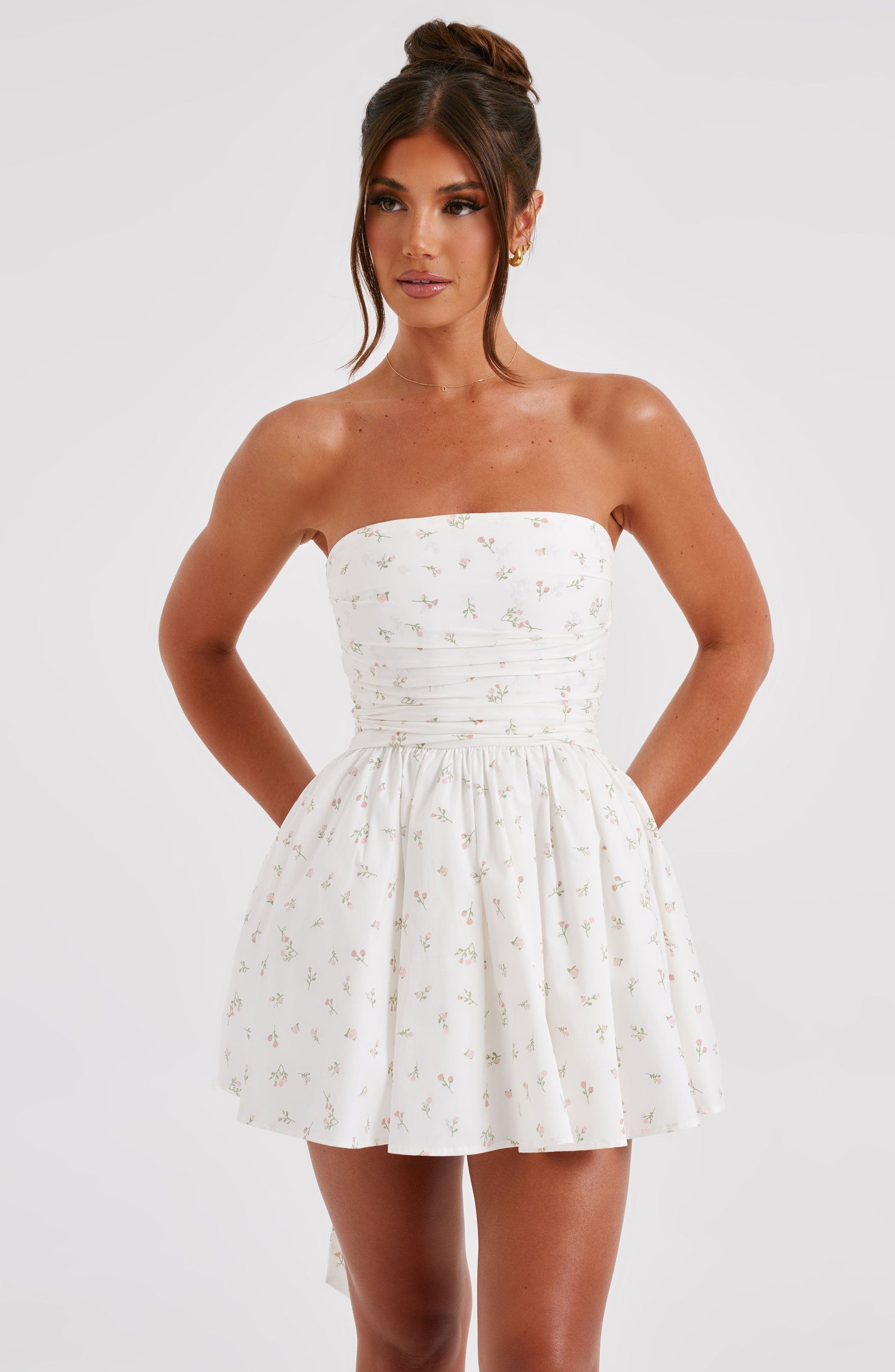 Katrina Mini Elbise - Pembe Çiçek Desenli