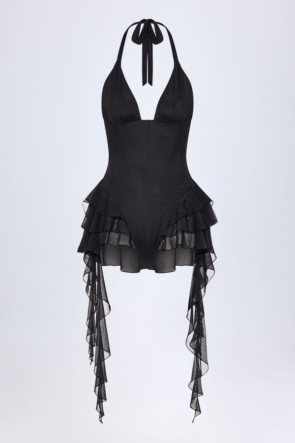 Siyah Fırfırlı Halter Yaka Bodysuit