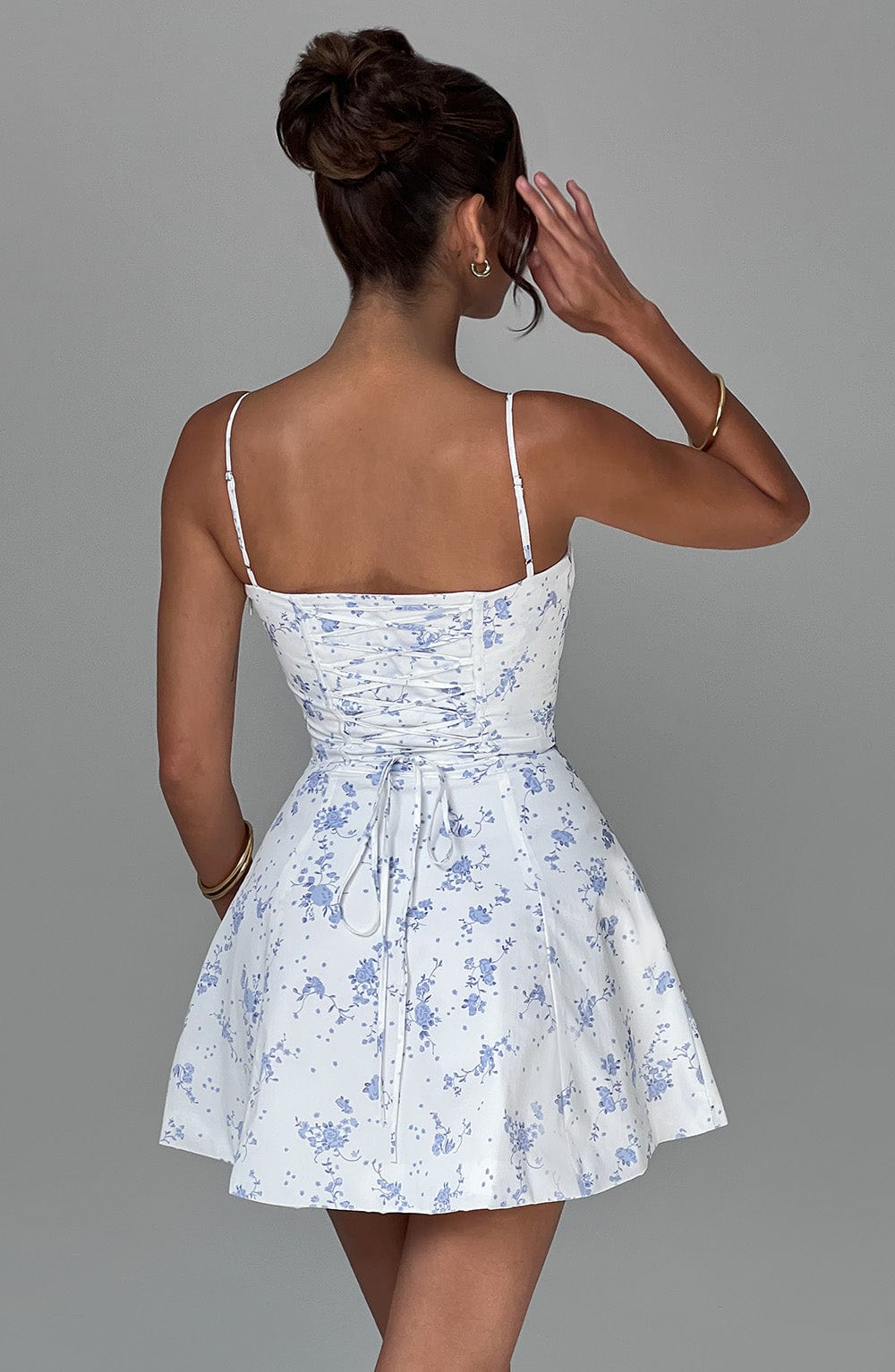 Lacey Mini Elbise - Mavi Çiçek Desenli