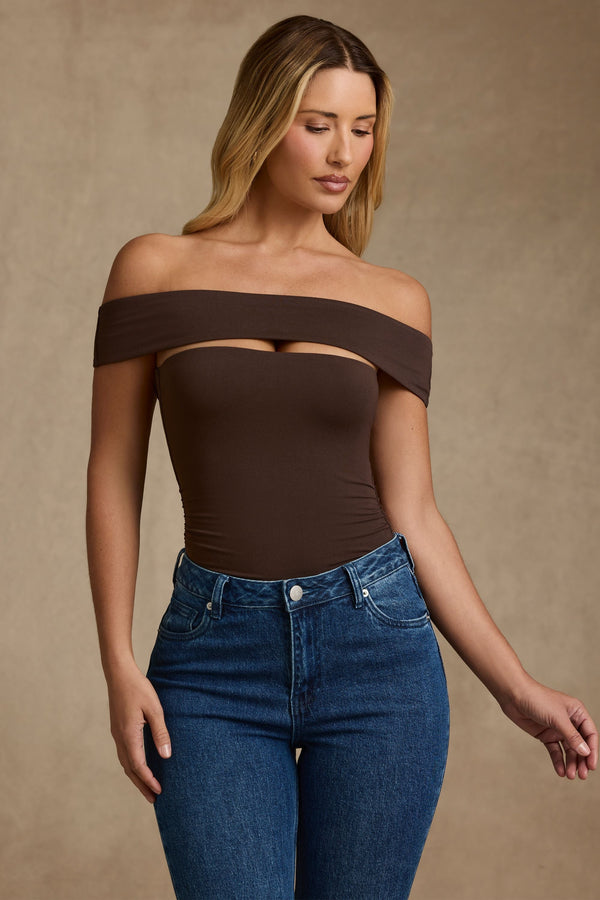 Çikolata Kahverengi Modal Kesimli Omuz Açık Bodysuit