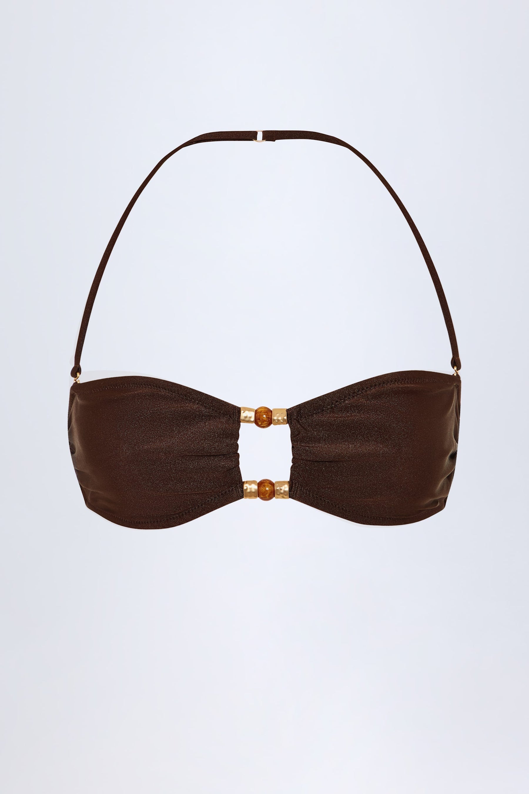 Boncuk İşlemeli Bandeau Bikini Üstü, Bitter Çikolata Rengi.