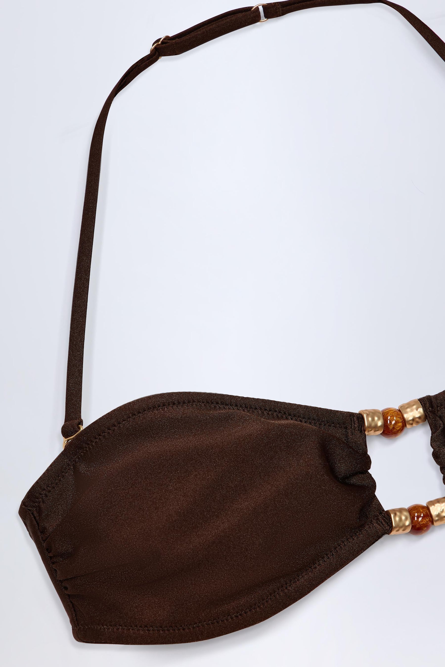 Boncuk İşlemeli Bandeau Bikini Üstü, Bitter Çikolata Rengi.