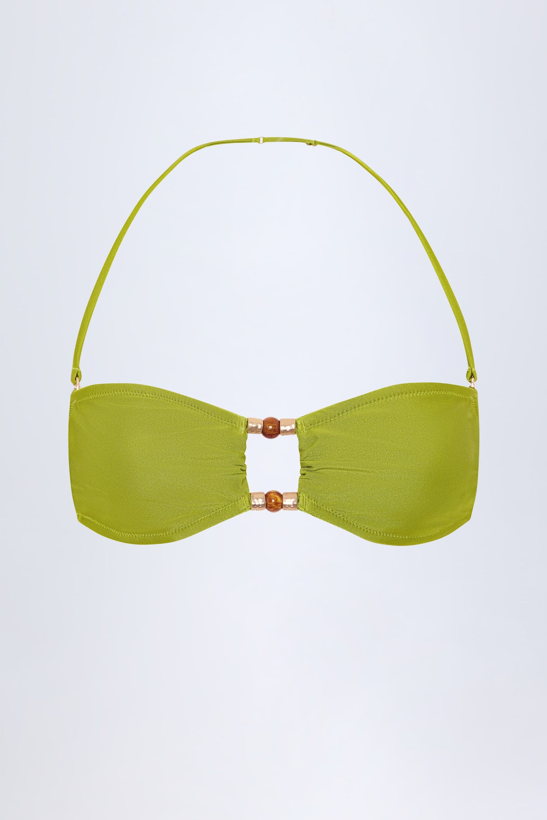 Zeytin Yeşili Renkte Boncuk İşlemeli Bandeau Bikini Üstü