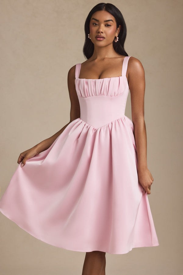 Blush Rengi Drapeli Korseli Midaxi Elbise