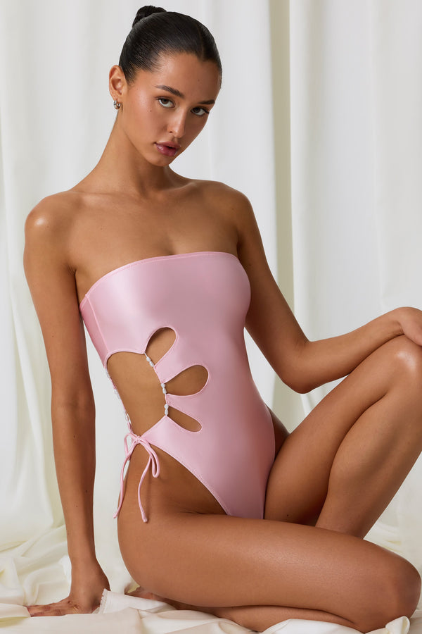Açık Pembe İnci Detaylı Kesikli Bandeau Mayo