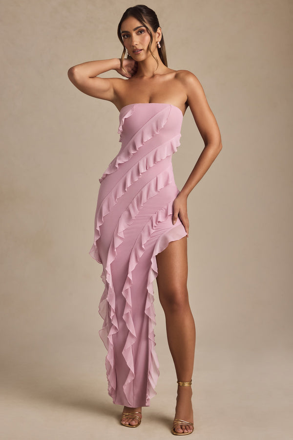 Toz Pembe Bandeau Volan Detaylı Uzun Elbise