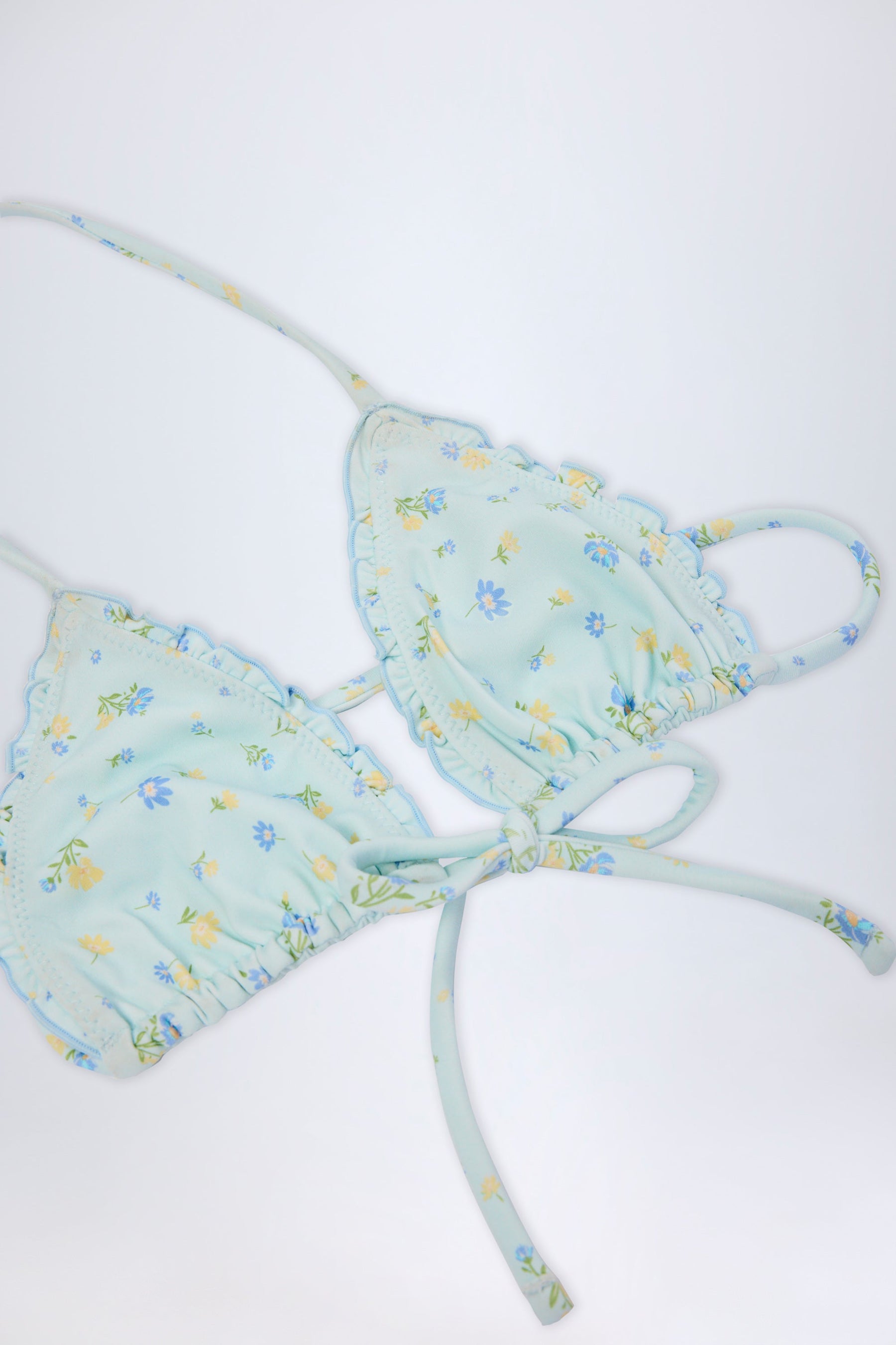 Mavi Çiçek Desenli Mikro Üçgen Bikini Üstü