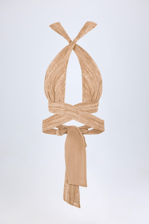 Kahverengi Desenli Büzgülü Halter Yaka Kısa Üst