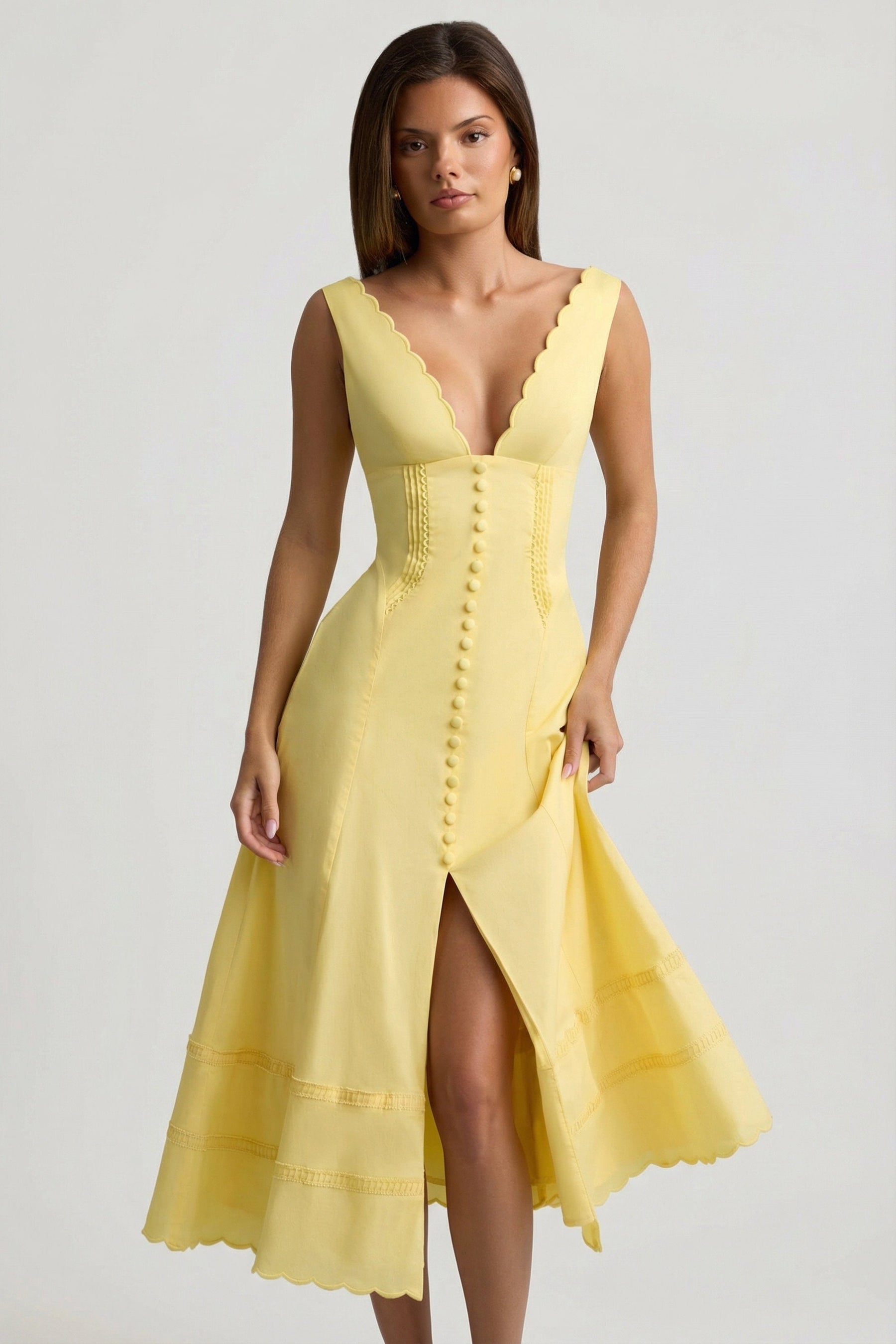 Pastel Sarı Pamuklu Poplin A Kesim Midaxi Elbise