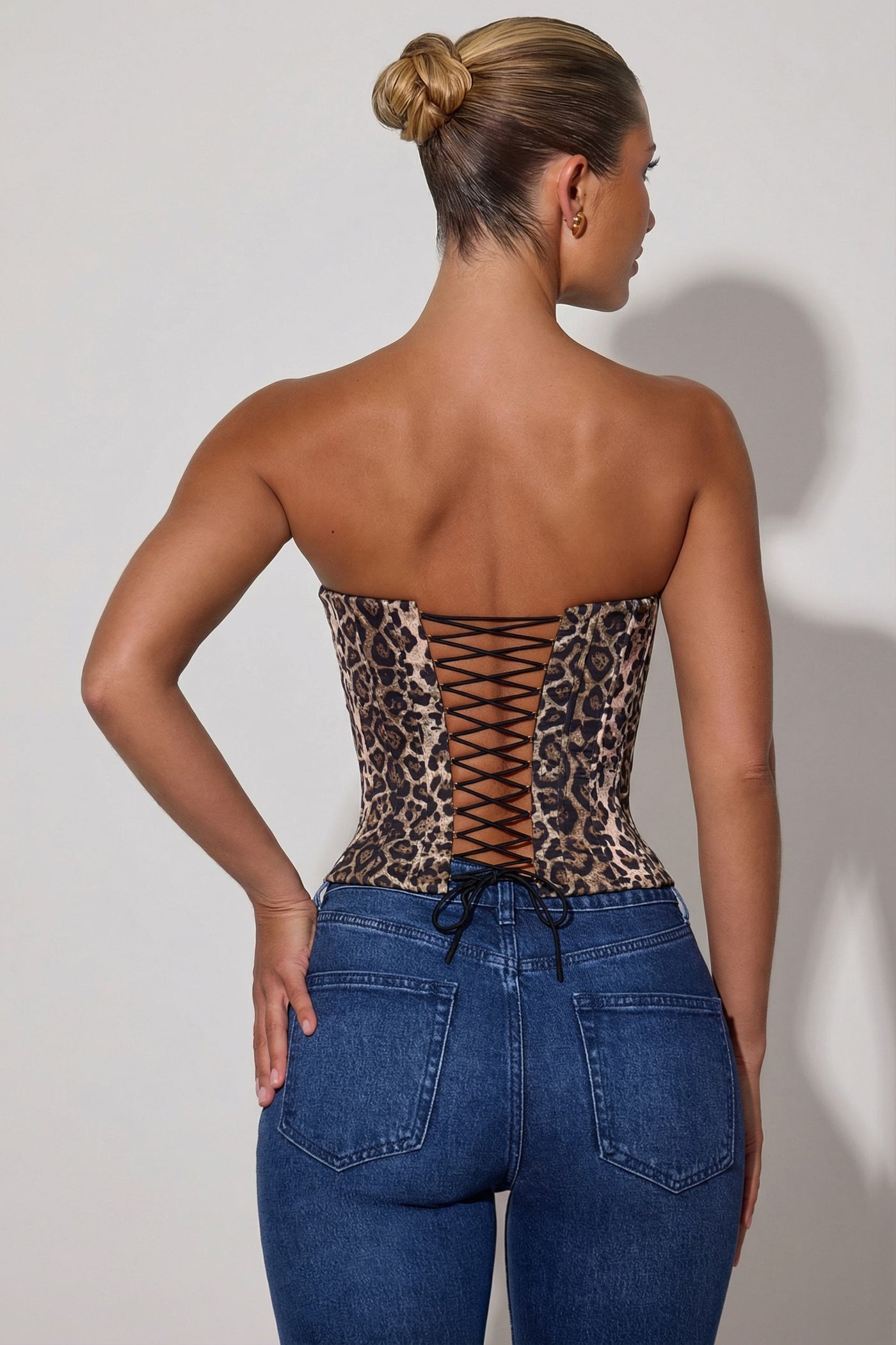 Leopar Desenli Bağcıklı Korse Üst