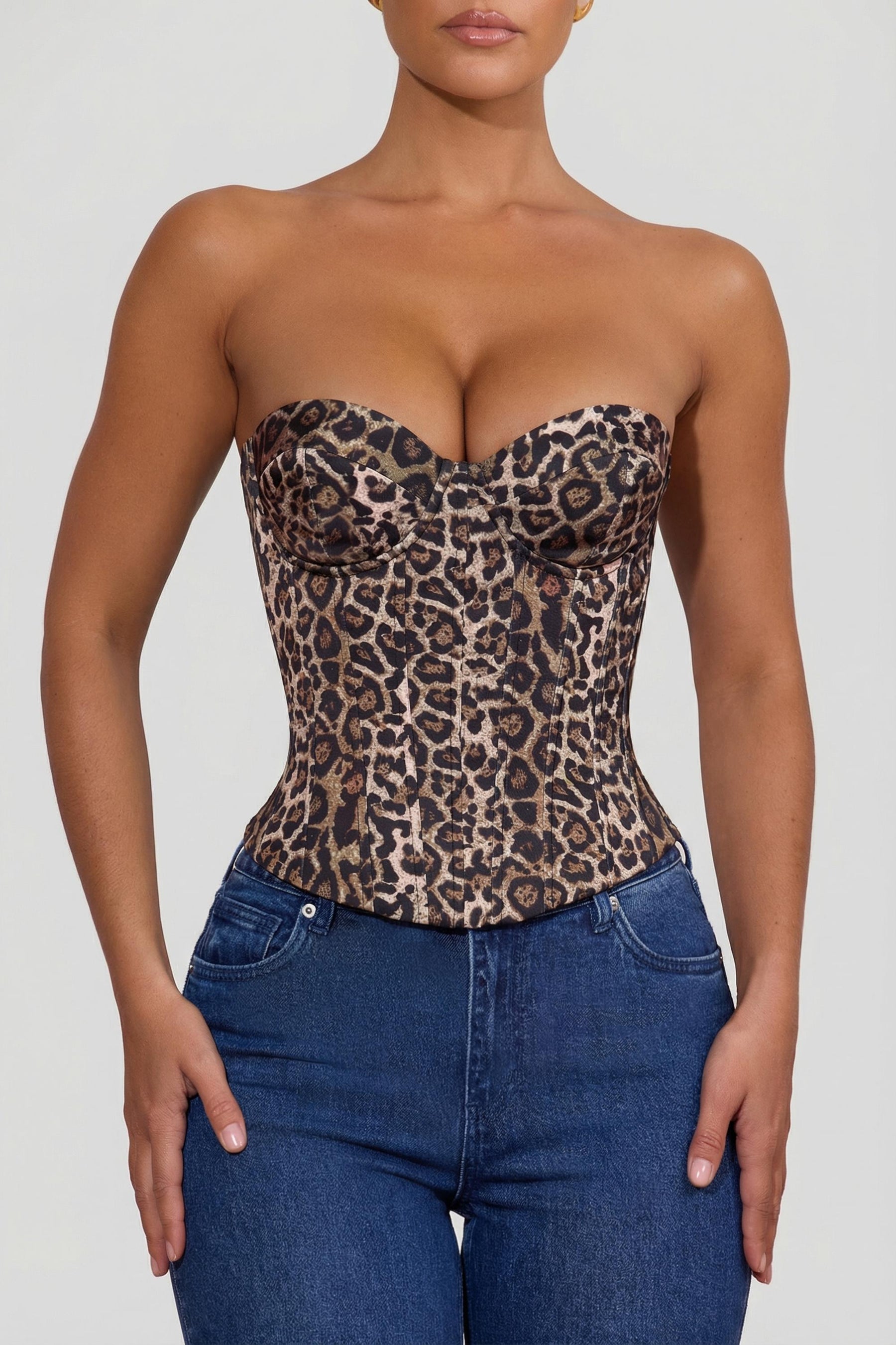 Leopar Desenli Bağcıklı Korse Üst