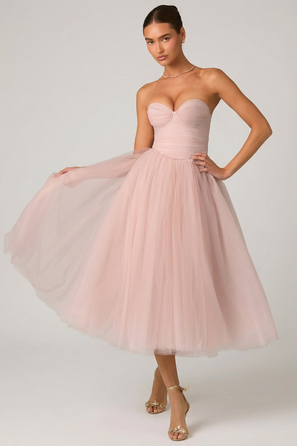 Toz Pembe Tül Korse Midaxi Elbise