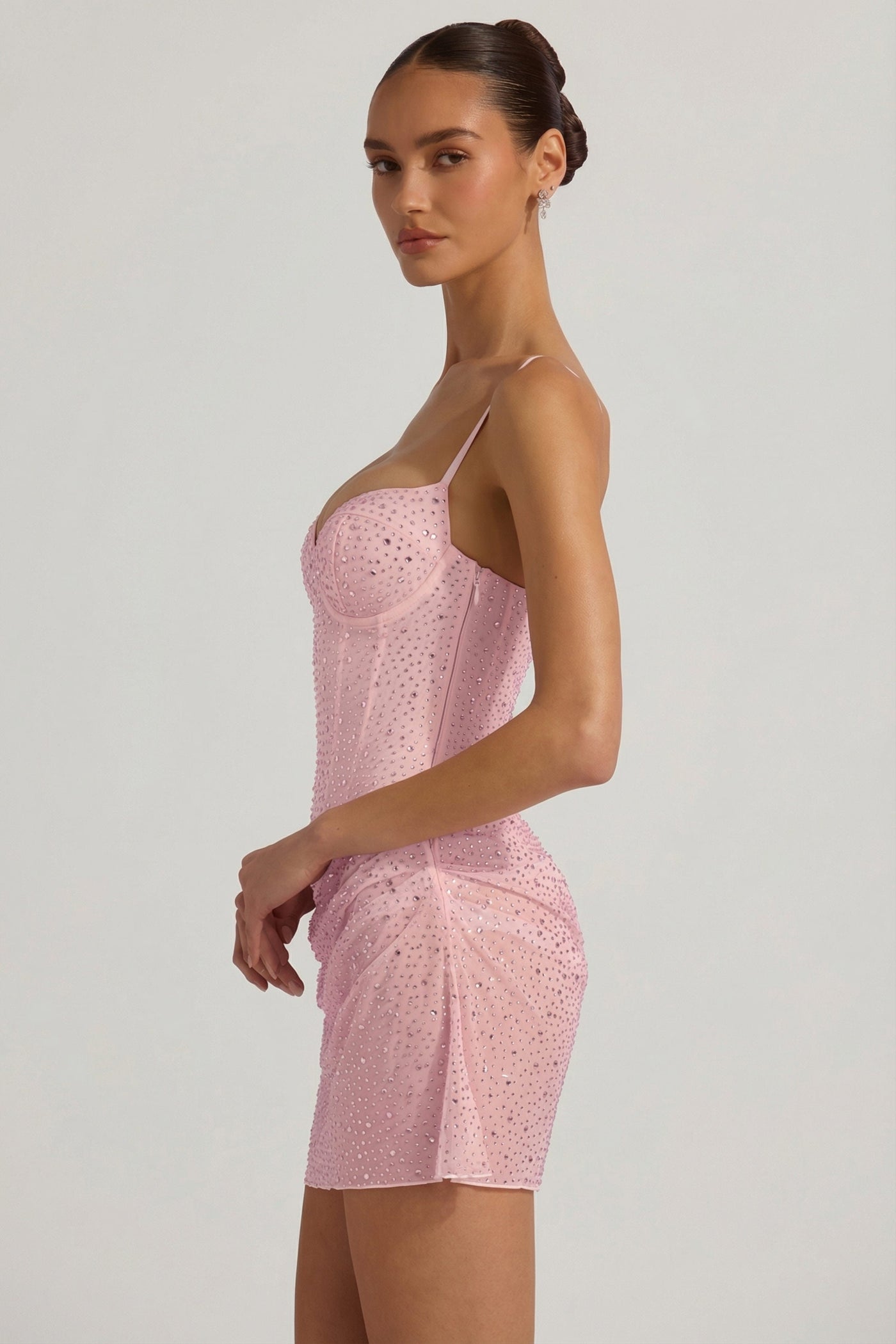 Pembe Renkli, Yarı Şeffaf, İşlemeli, Dökümlü Korse Detaylı Mini Elbise