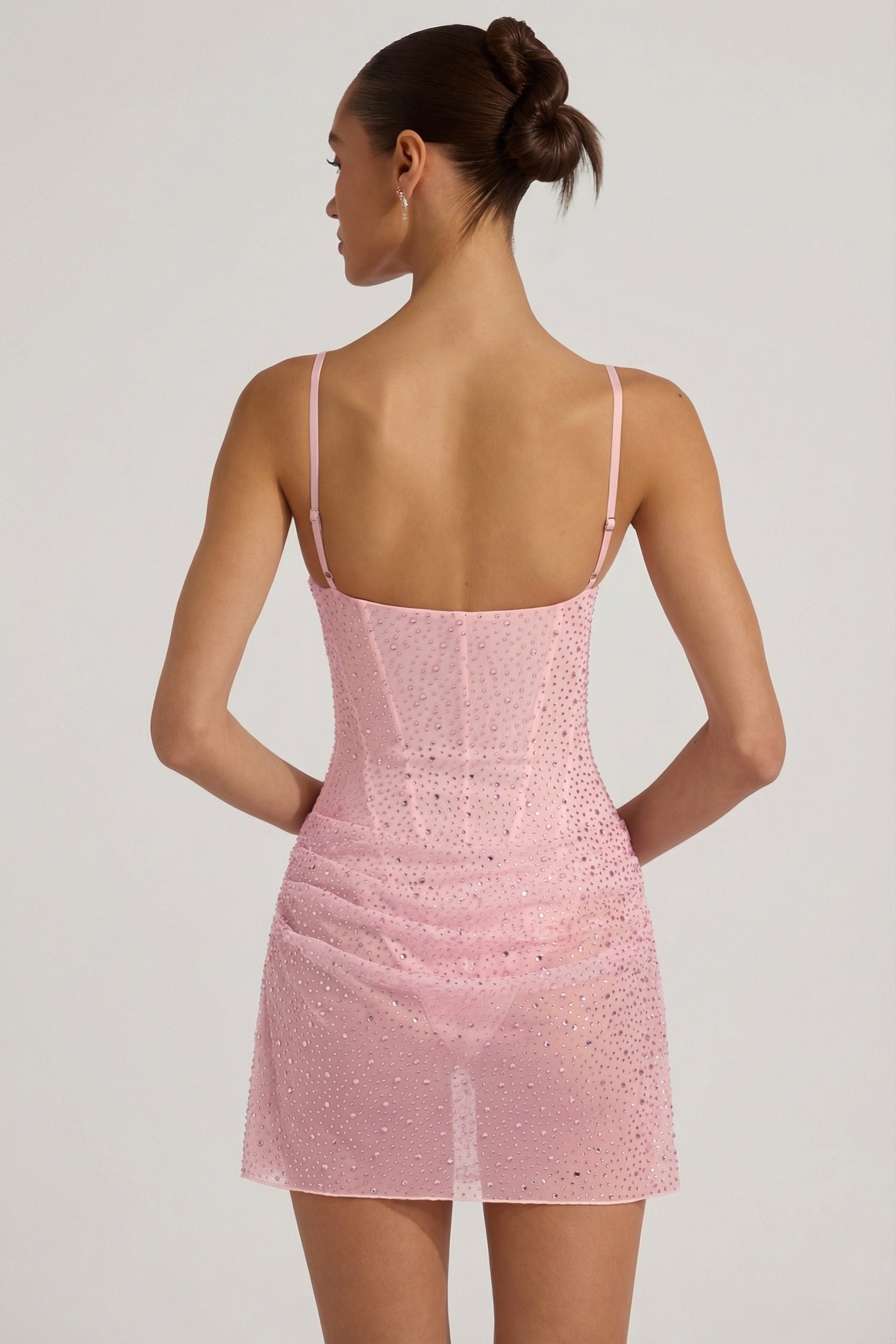 Pembe Renkli, Yarı Şeffaf, İşlemeli, Dökümlü Korse Detaylı Mini Elbise