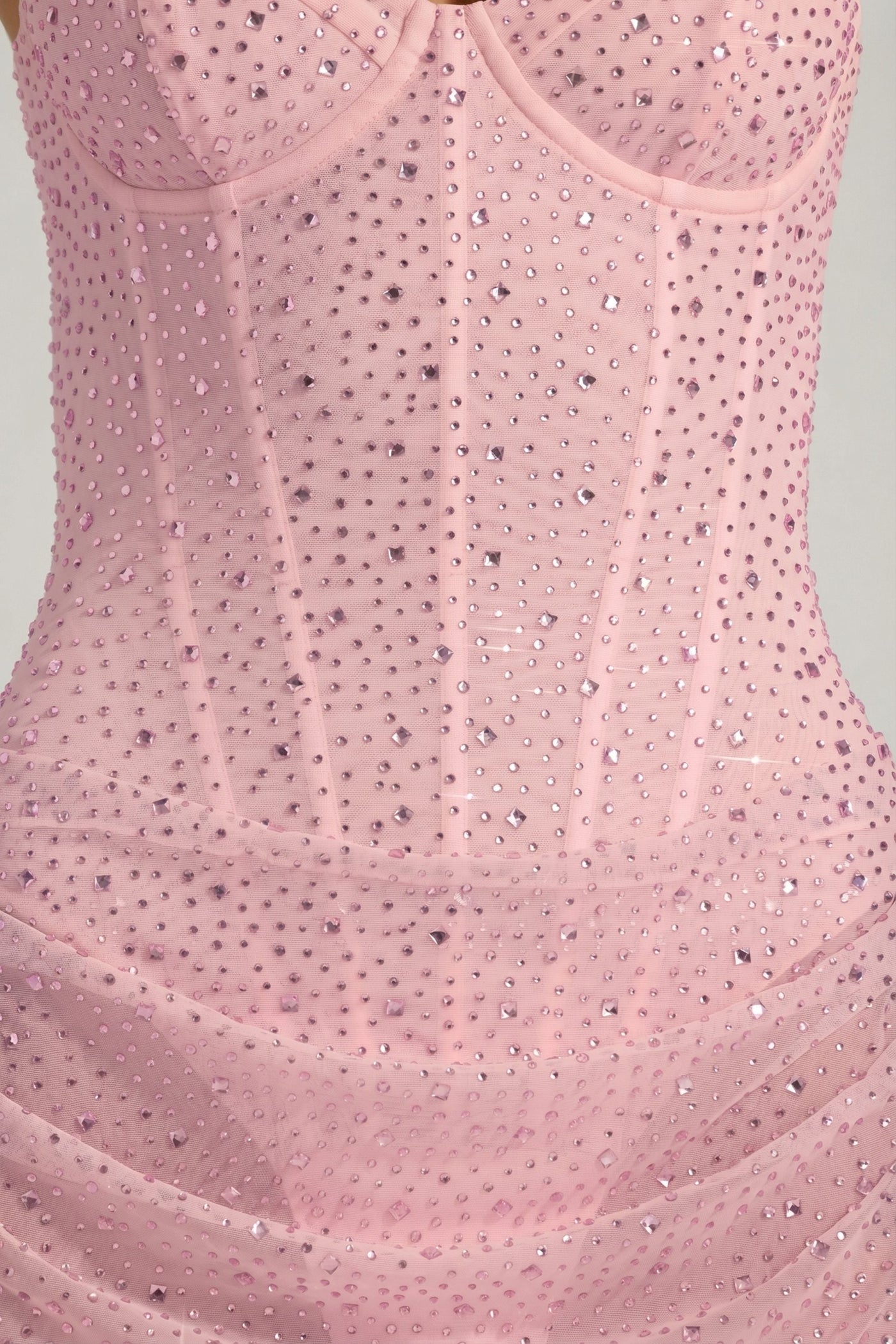 Pembe Renkli, Yarı Şeffaf, İşlemeli, Dökümlü Korse Detaylı Mini Elbise