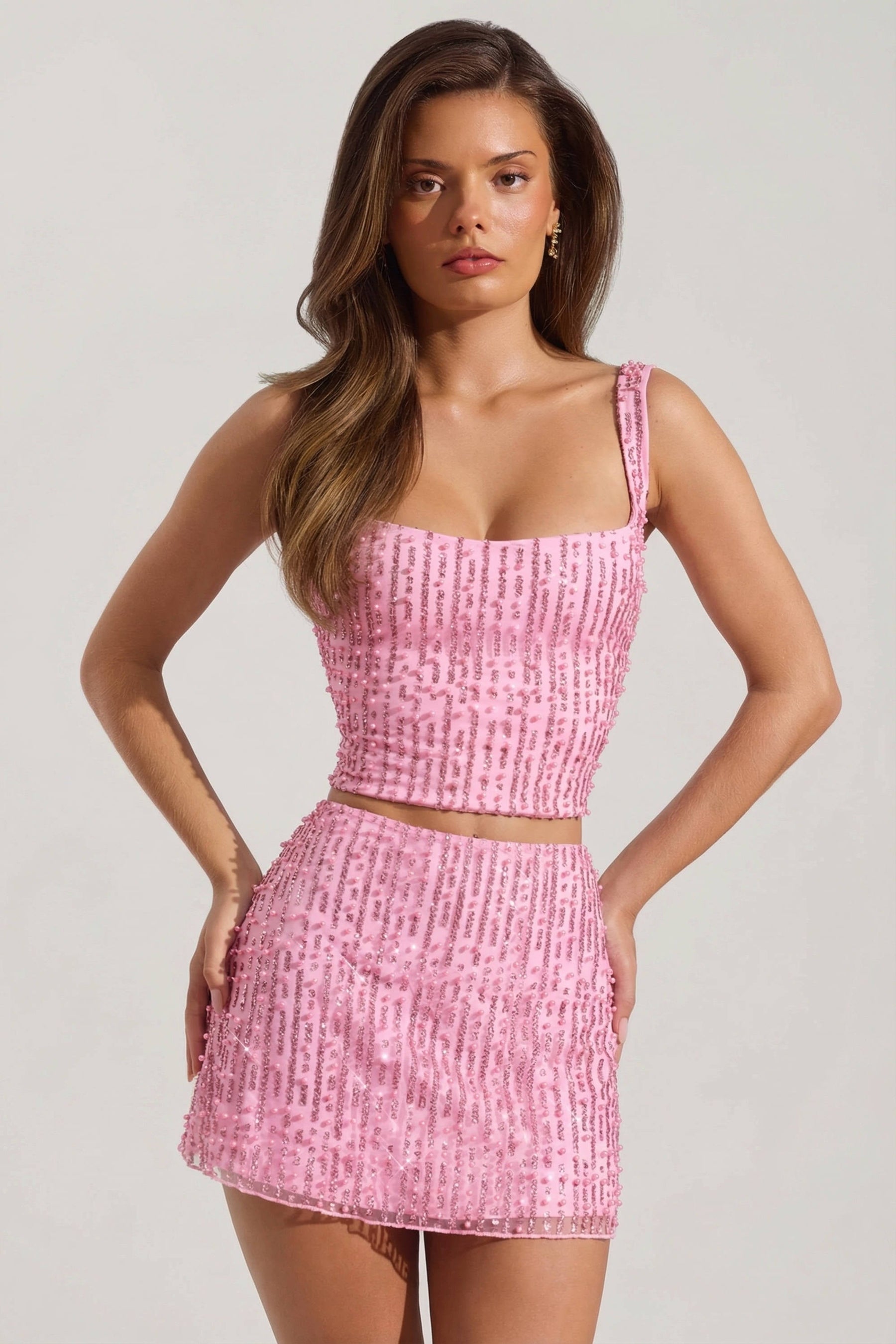 Pembe Renkli, İşlemeli, Düşük Bel Mini Etek