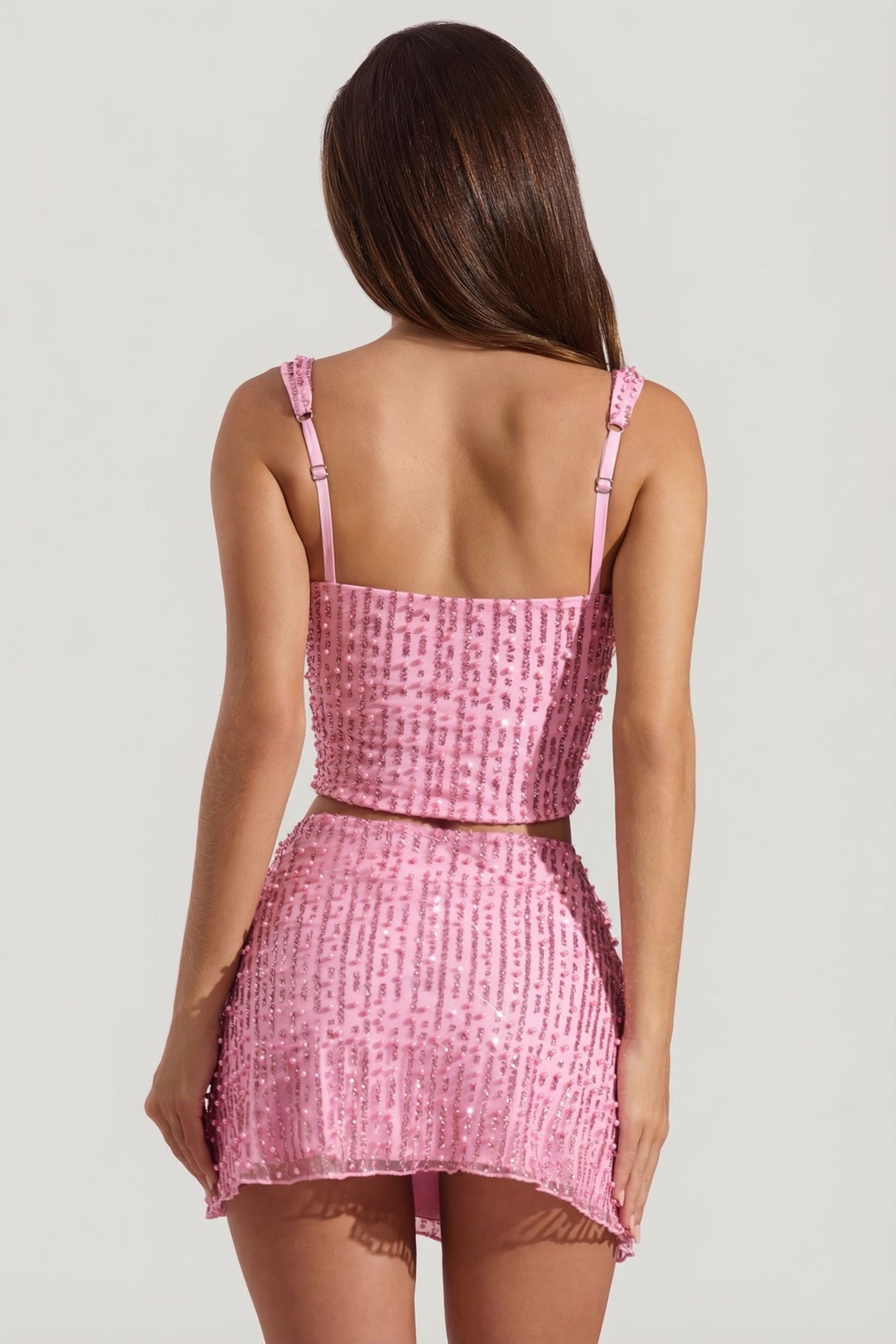 Pembe Renkli, İşlemeli, Düşük Bel Mini Etek