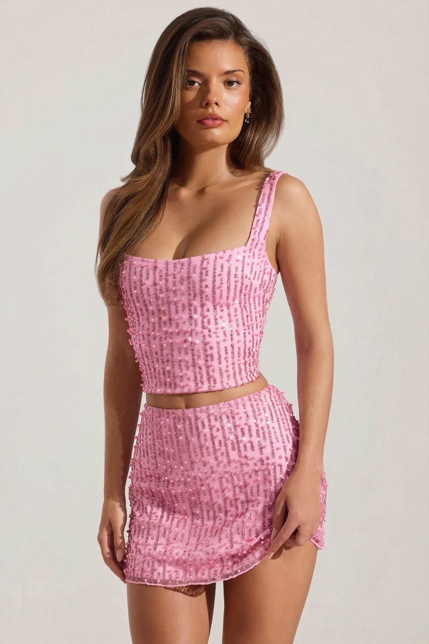 Pembe Renkli, İşlemeli, Düşük Bel Mini Etek