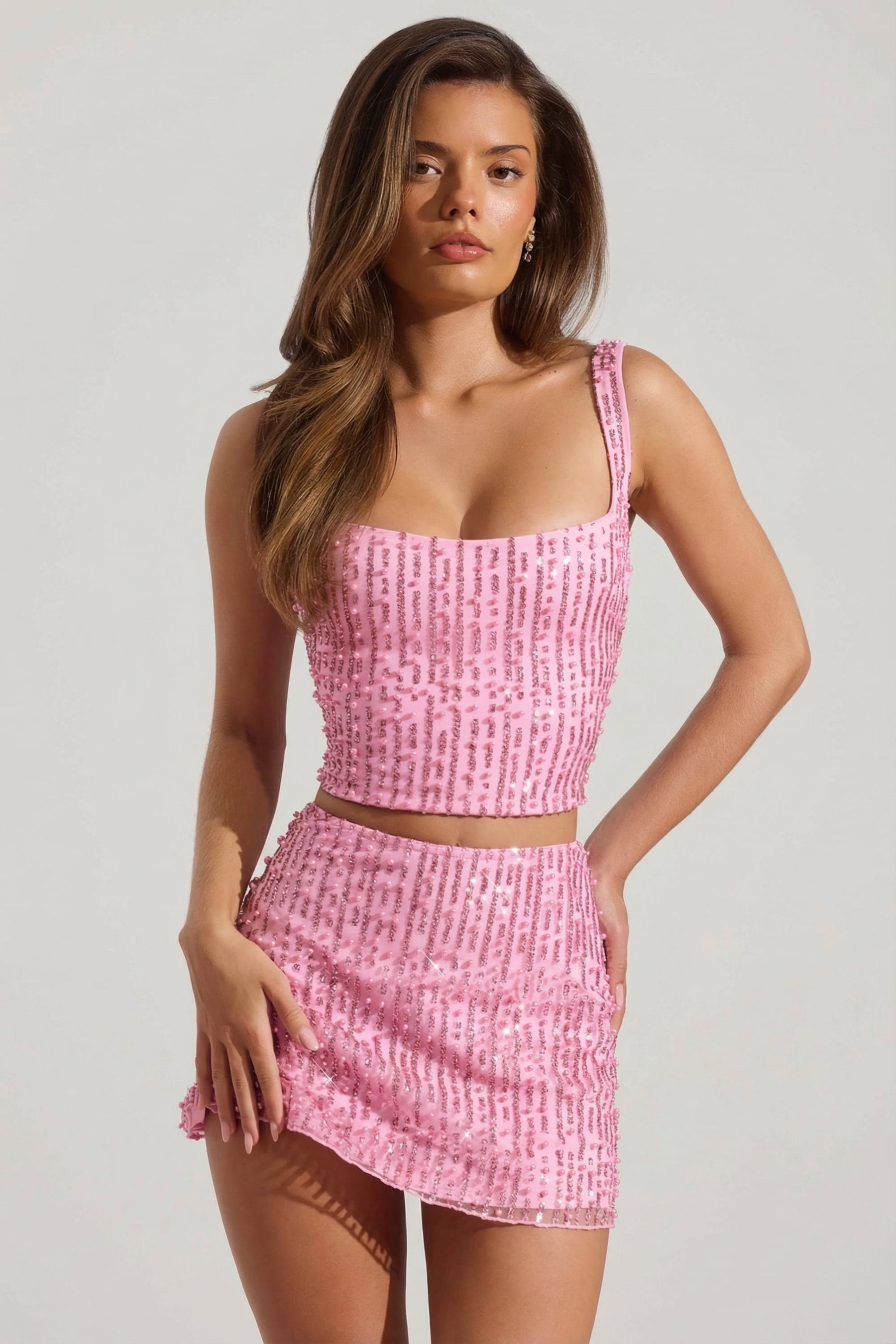Pembe Renkli, İşlemeli, Düşük Bel Mini Etek
