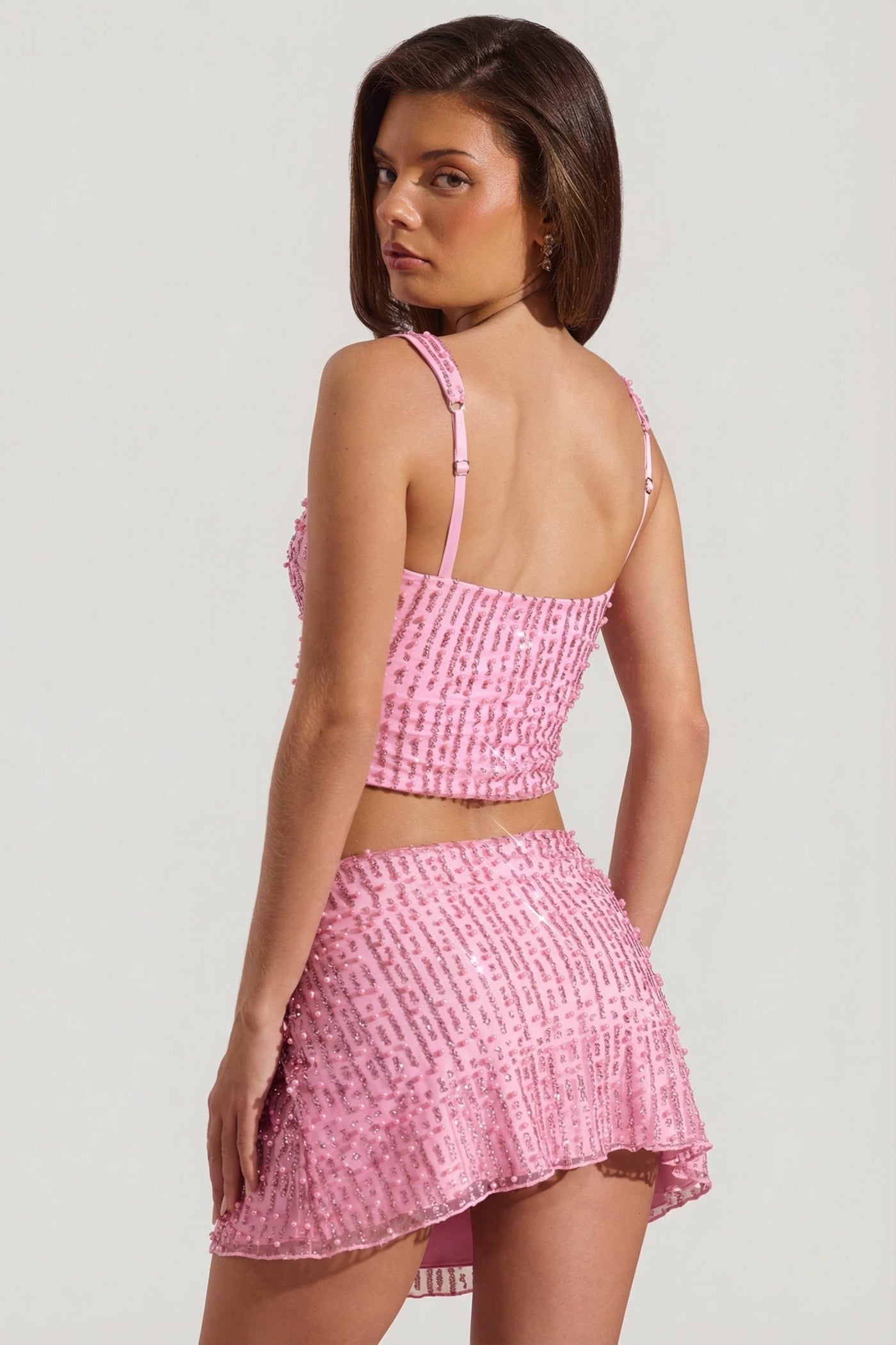 Pembe Renkli, İşlemeli, Düşük Bel Mini Etek