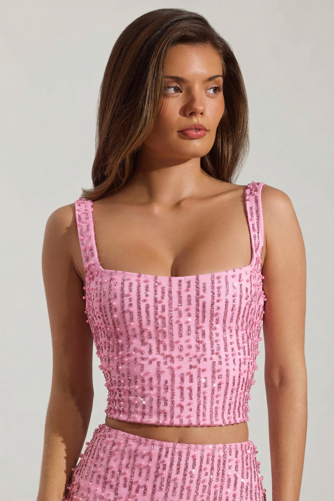 Pembe Renkli, Süslemeli Kare Yakalı Kısa Bluz