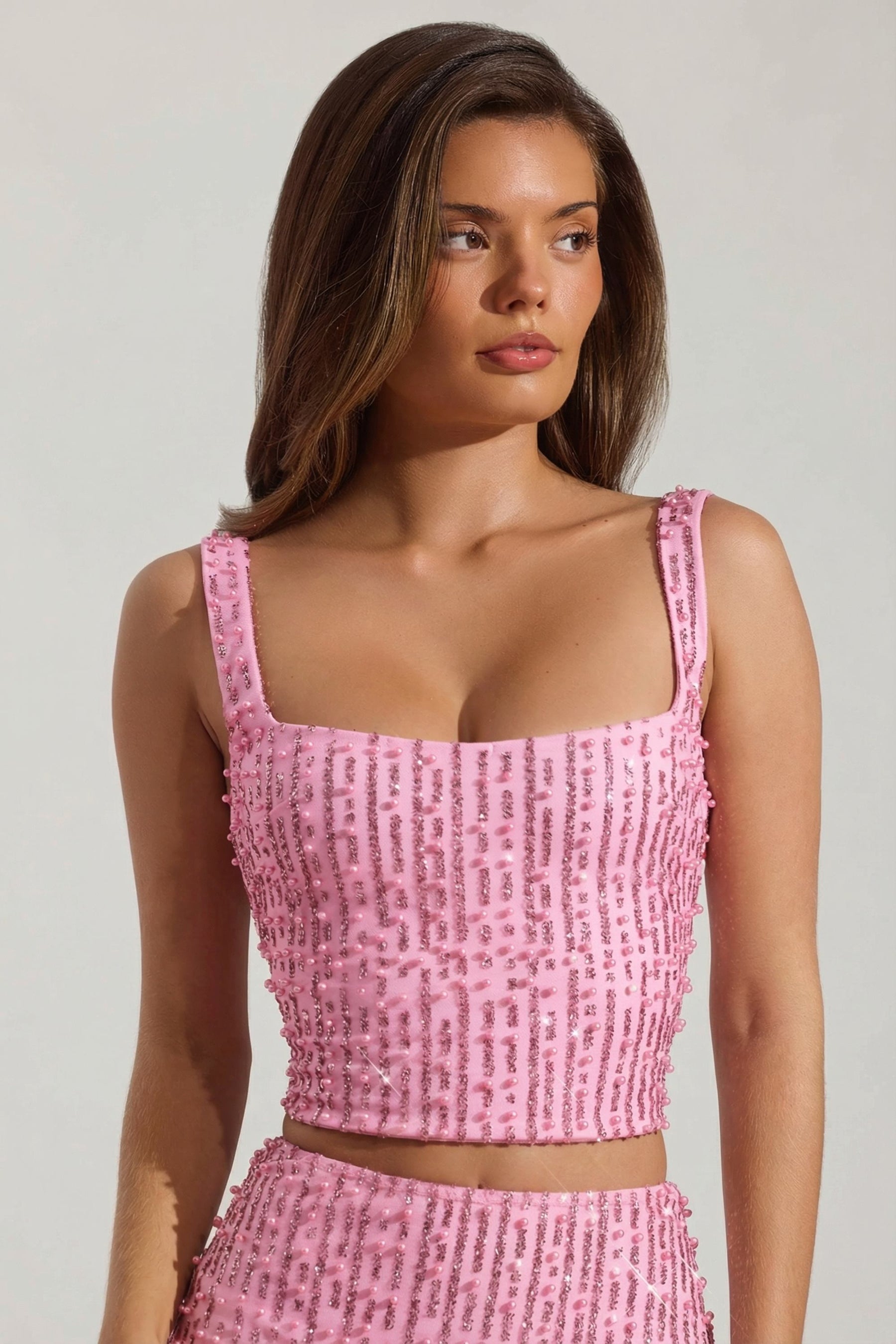 Pembe Renkli, Süslemeli Kare Yakalı Kısa Bluz