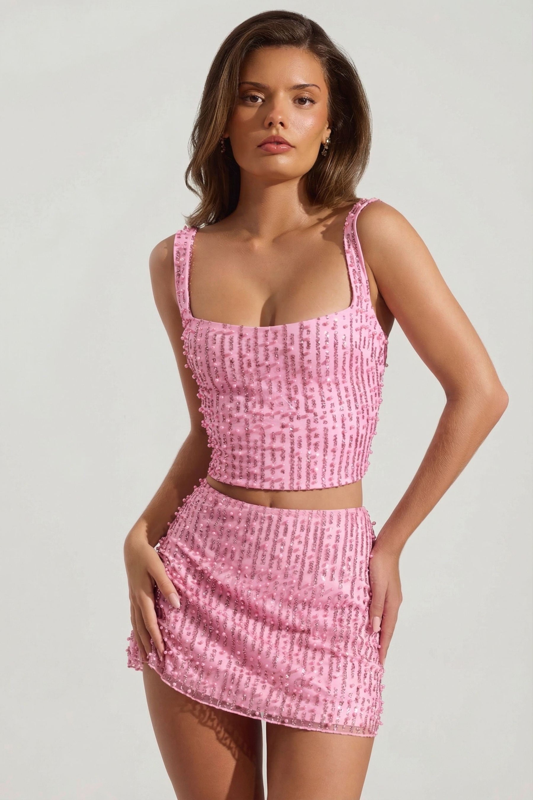 Pembe Renkli, Süslemeli Kare Yakalı Kısa Bluz