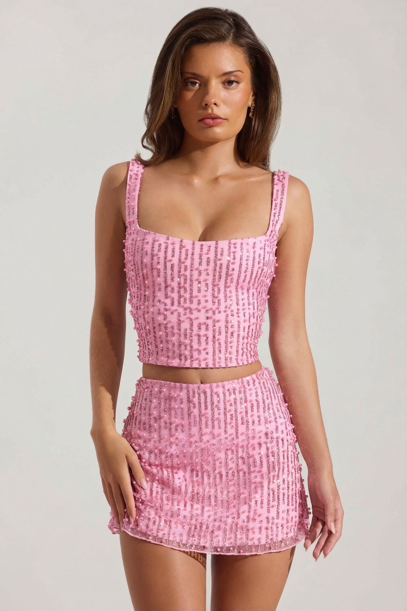 Pembe Renkli, Süslemeli Kare Yakalı Kısa Bluz