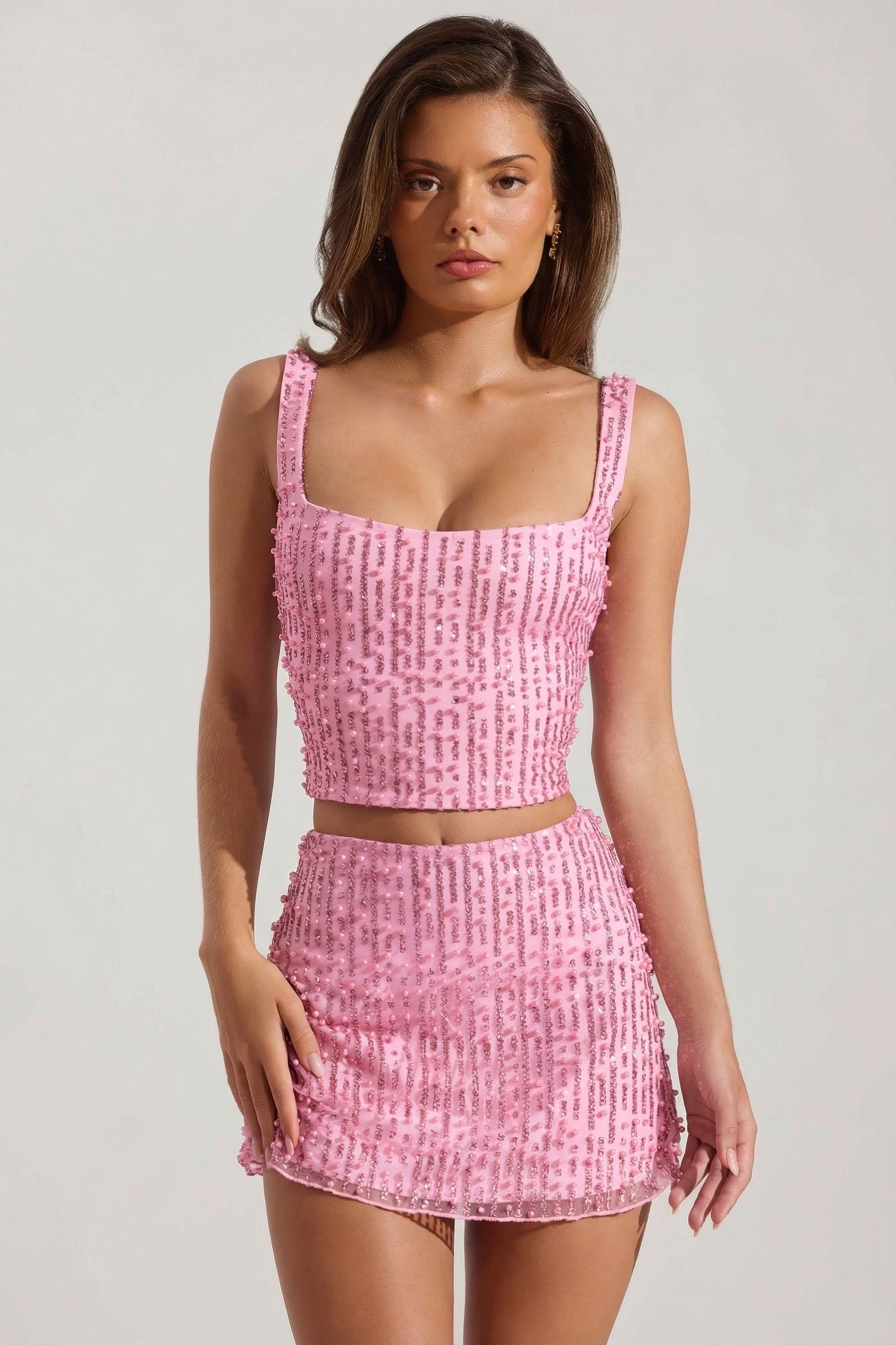 Pembe Renkli, Süslemeli Kare Yakalı Kısa Bluz