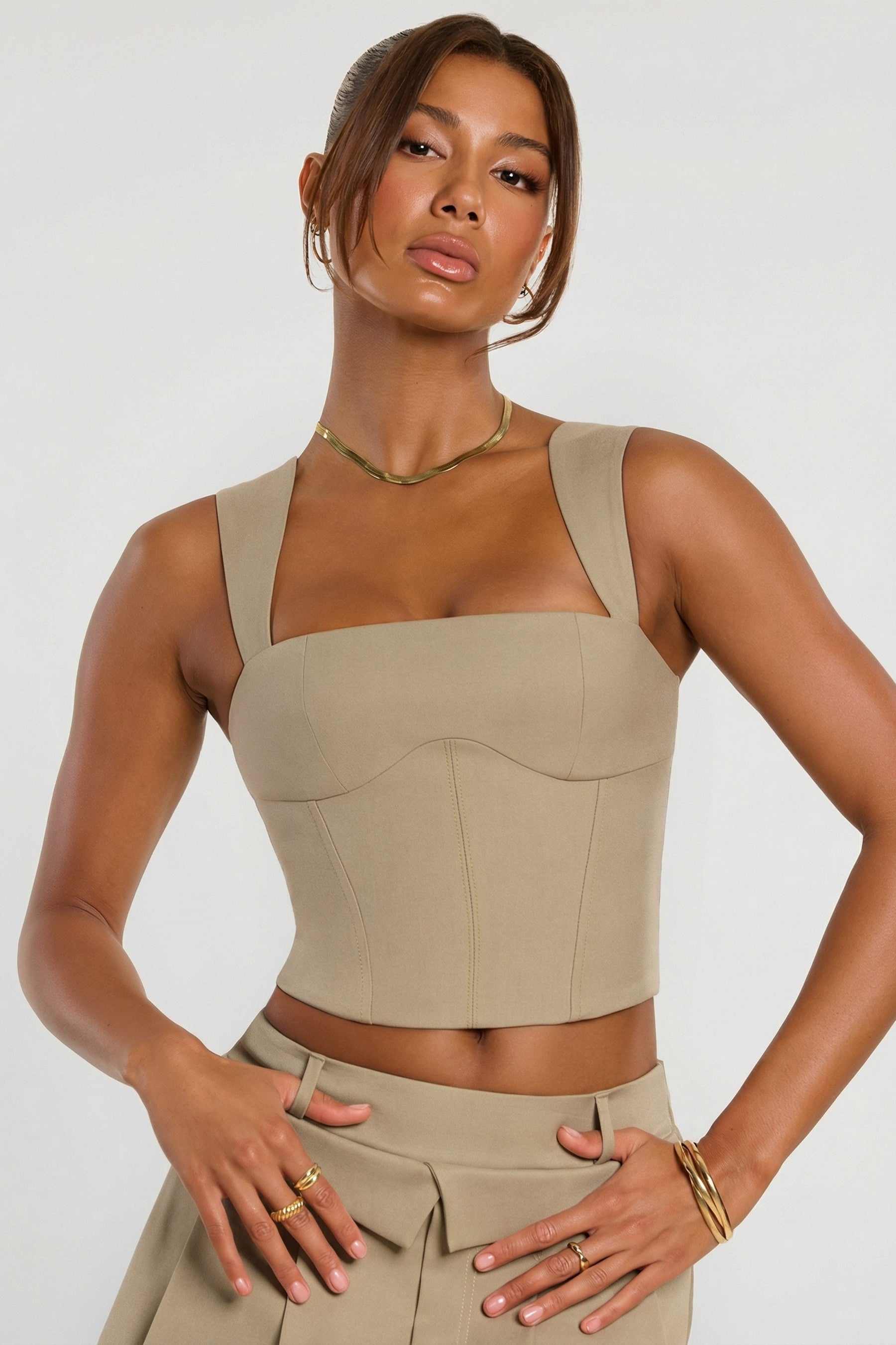 Fırçalanmış Gabardin Orta Bel Pileli Mikro Mini Etek, Bej Rengi