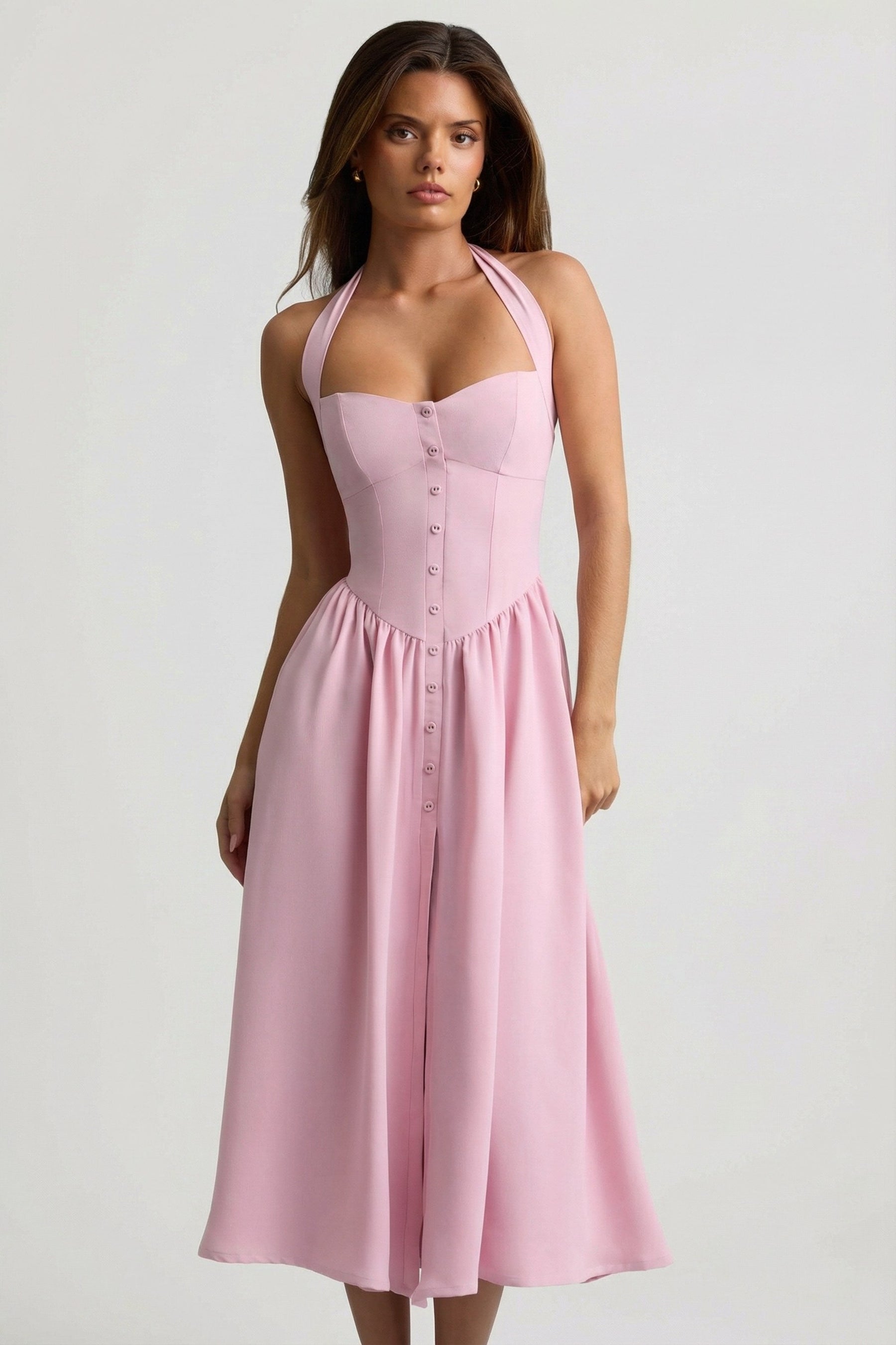Düğme Detaylı, Askılı, Midaxi Elbise, Açık Pembe