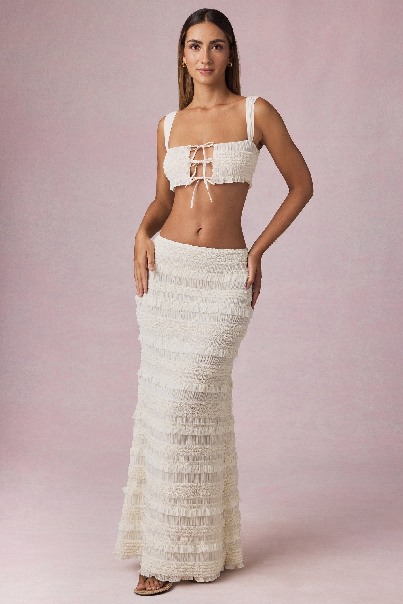Fırfırlı, Orta Bel Uzun Etek, Fildişi Rengi