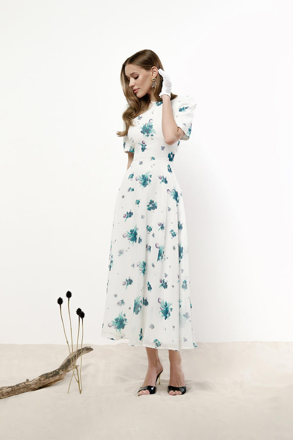 Kısa Kollu Çiçekli Midi Elbise