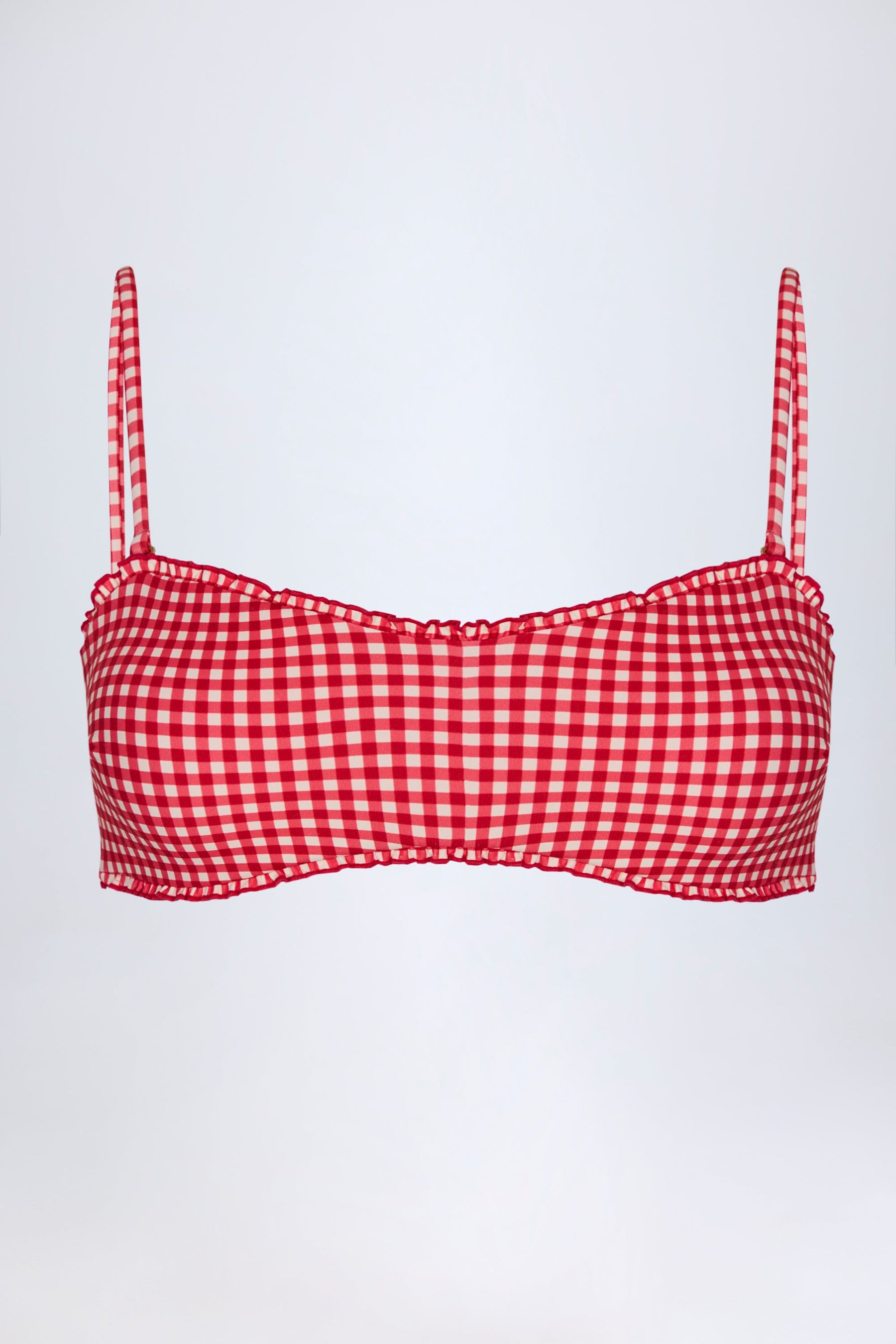 Kırmızı Ekose Desenli Fırfırlı Bandeau Bikini Üstü