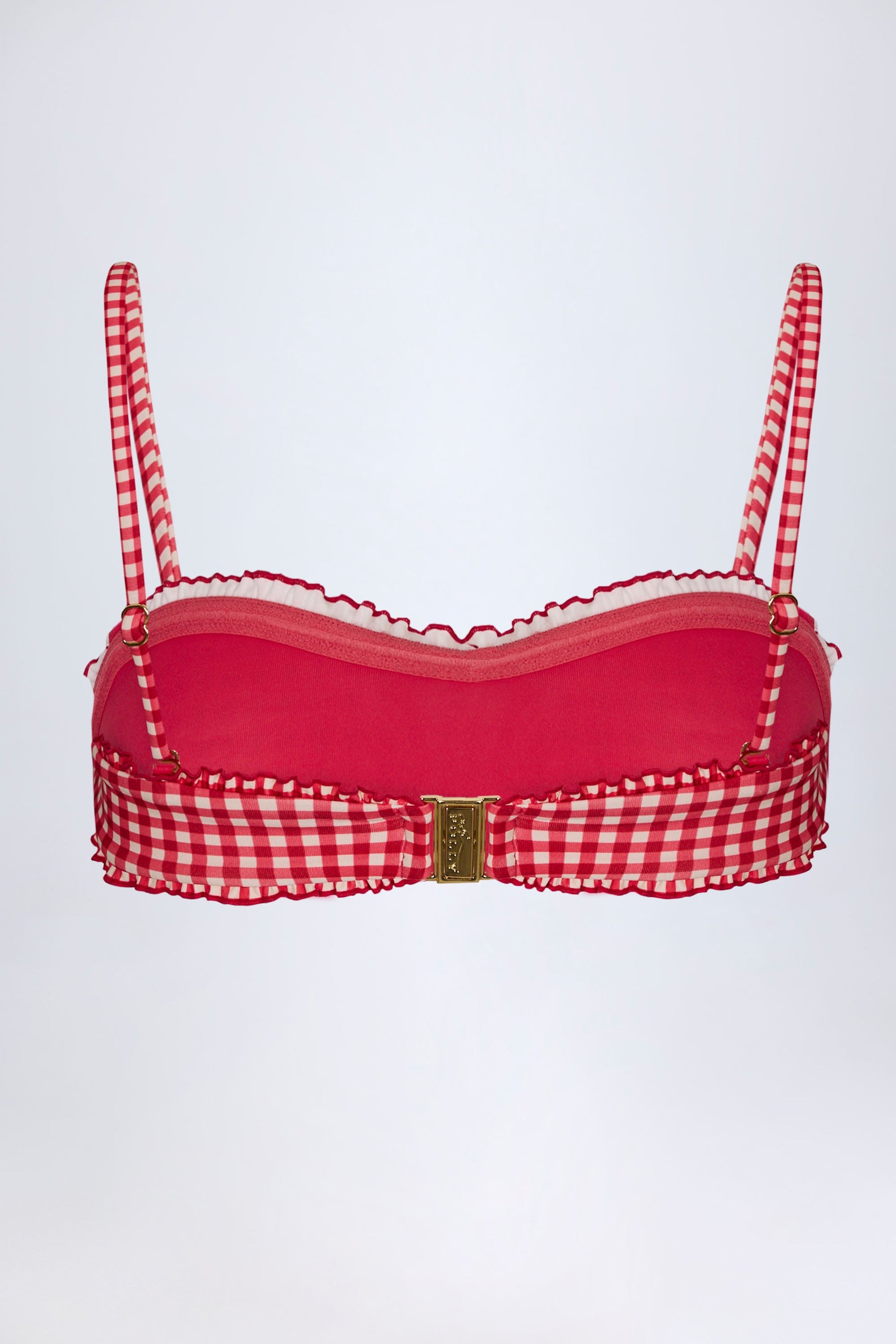 Kırmızı Ekose Desenli Fırfırlı Bandeau Bikini Üstü
