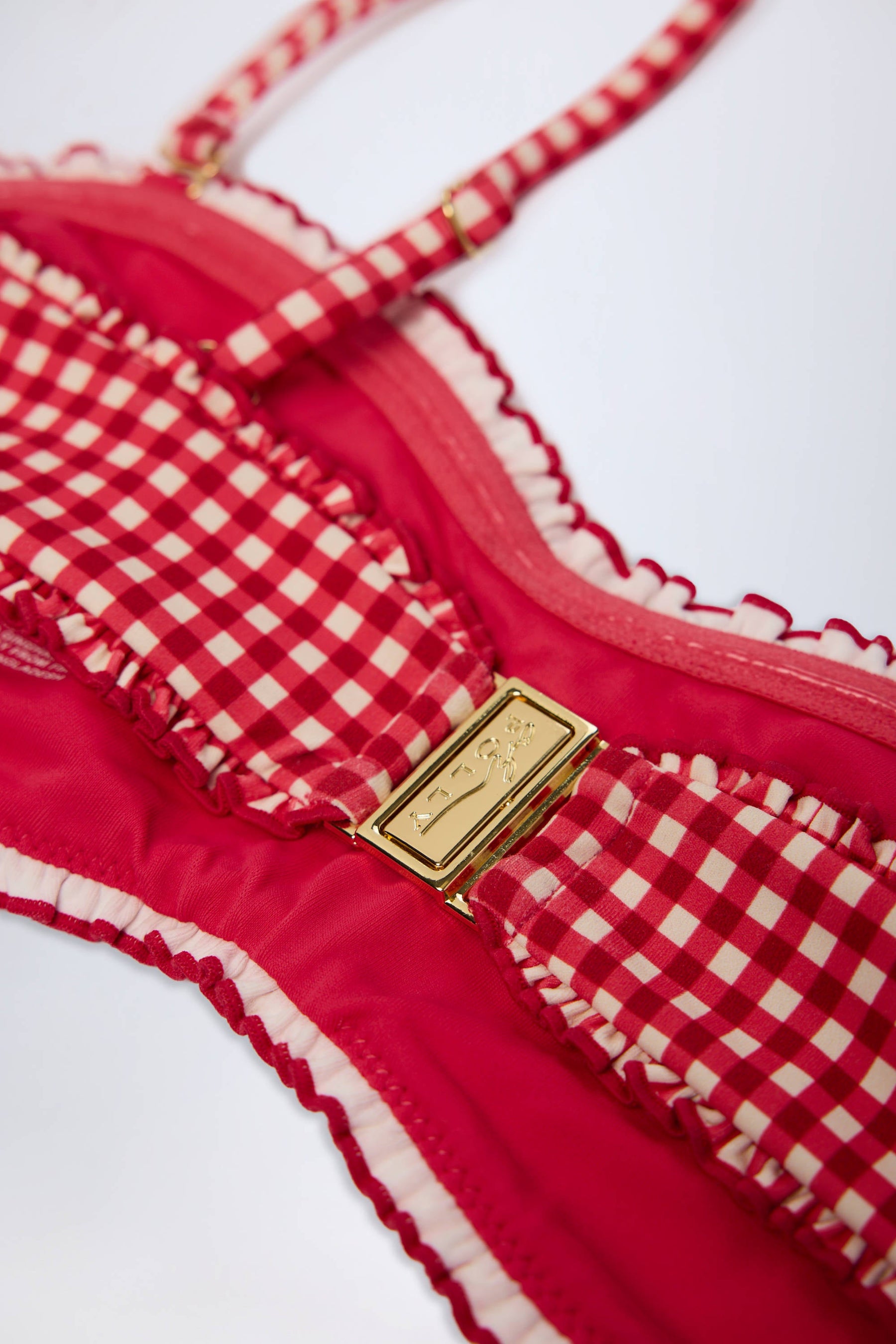 Kırmızı Ekose Desenli Fırfırlı Bandeau Bikini Üstü