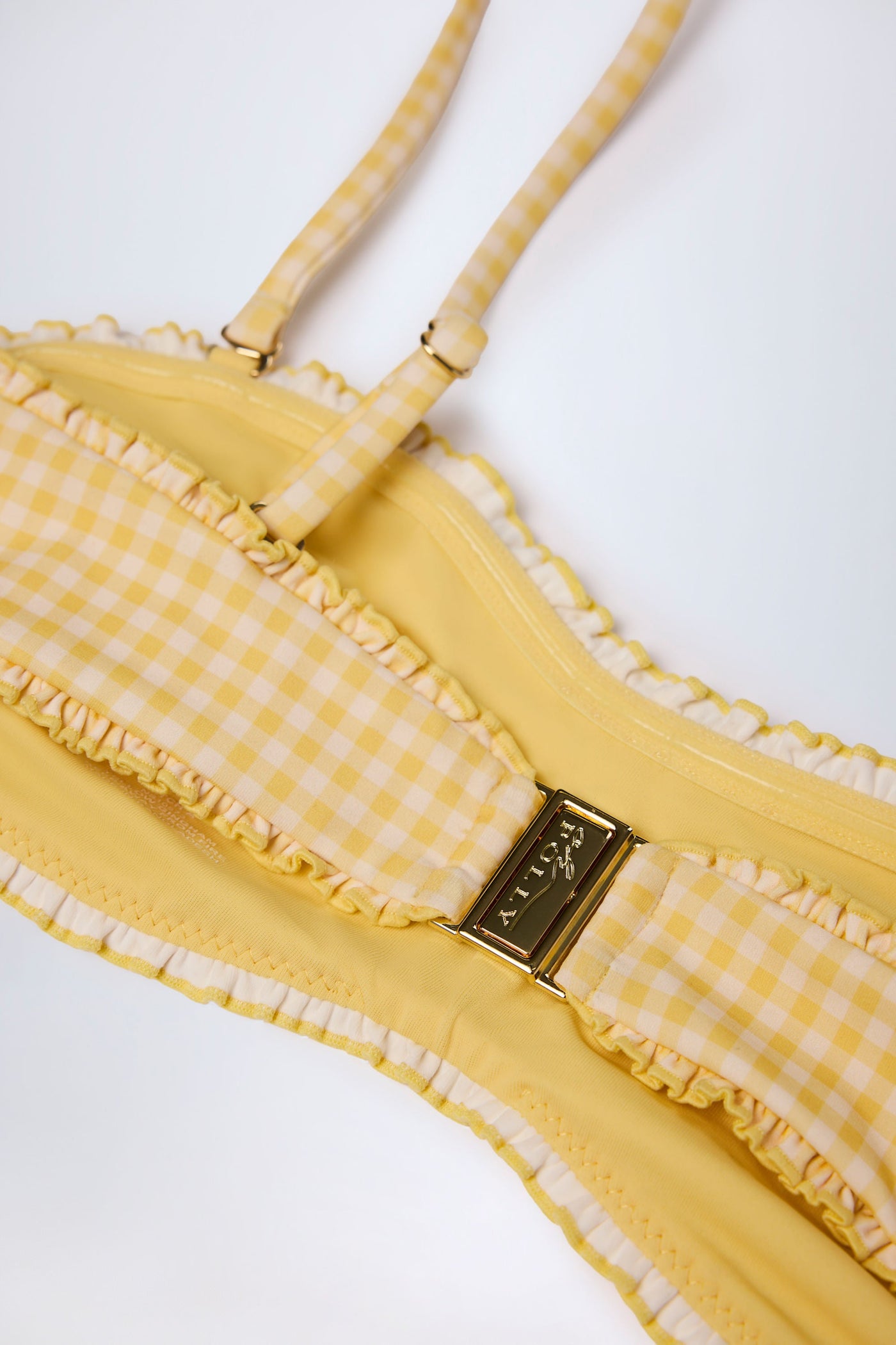 Sarı Ekose Desenli Fırfırlı Bandeau Bikini Üstü