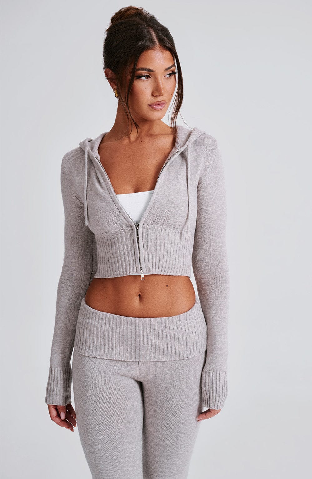 Portia Örme Kapüşonlu Sweatshirt - Açık Gri Melanj