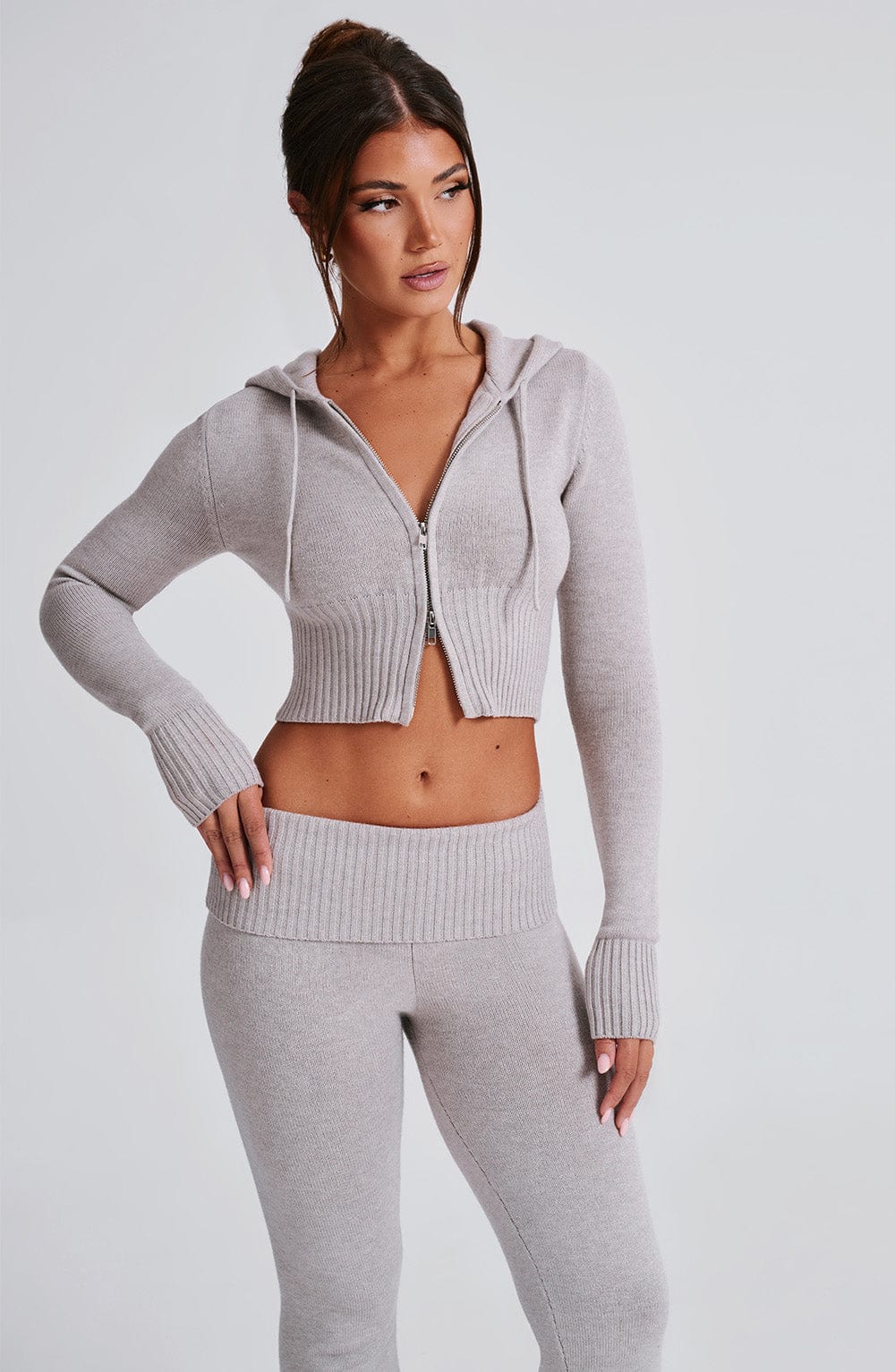 Portia Örme Kapüşonlu Sweatshirt - Açık Gri Melanj
