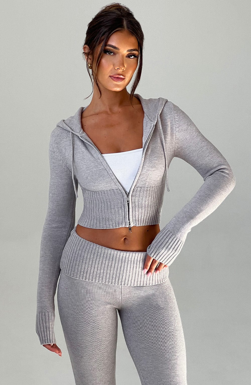 Portia Örme Kapüşonlu Sweatshirt - Açık Gri Melanj