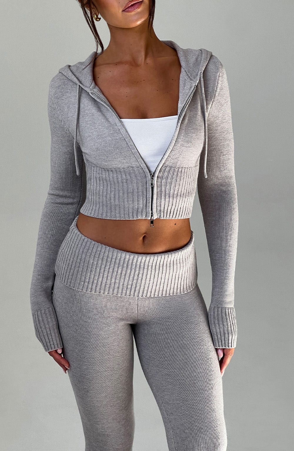 Portia Örme Kapüşonlu Sweatshirt - Açık Gri Melanj