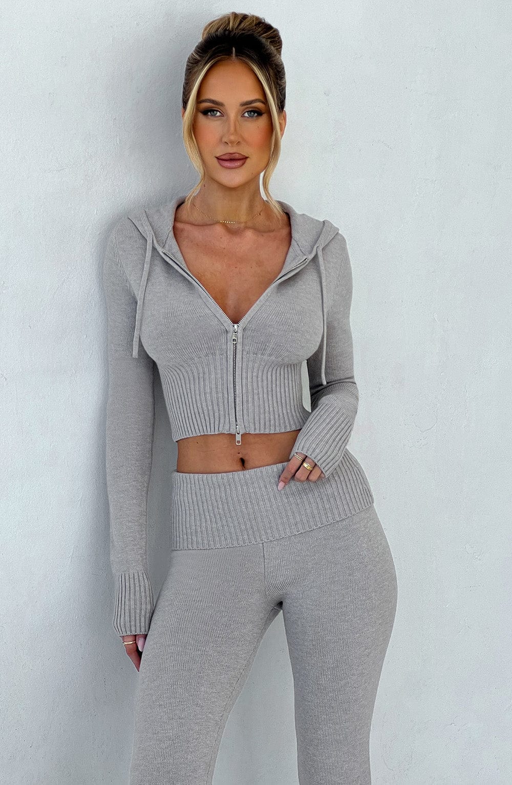 Portia Örme Kapüşonlu Sweatshirt - Açık Gri Melanj
